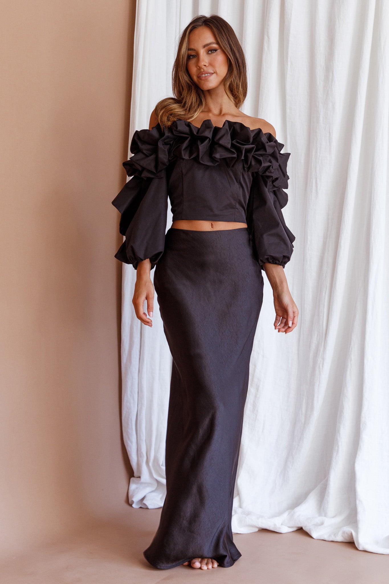 Midnight Mirage Puff Ruffle Crop Top Black by Selfie Leslie