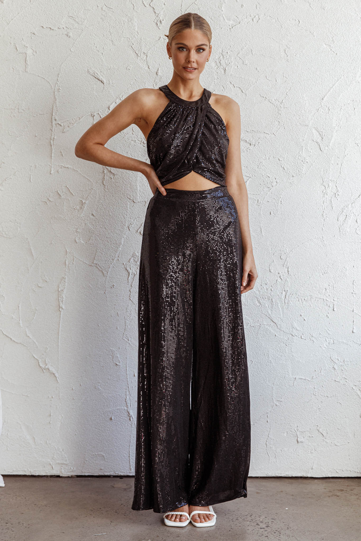 Anything Goes Wide Leg Metallic Pants Black by Selfie Leslie