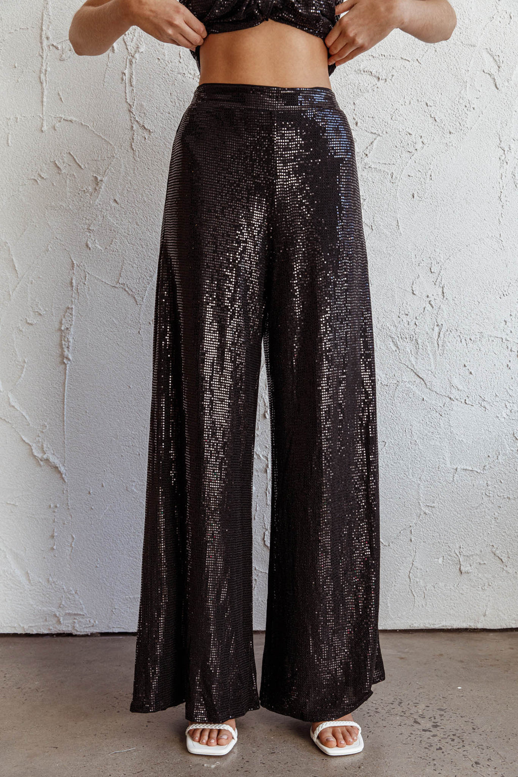Anything Goes Wide Leg Metallic Pants Black by Selfie Leslie