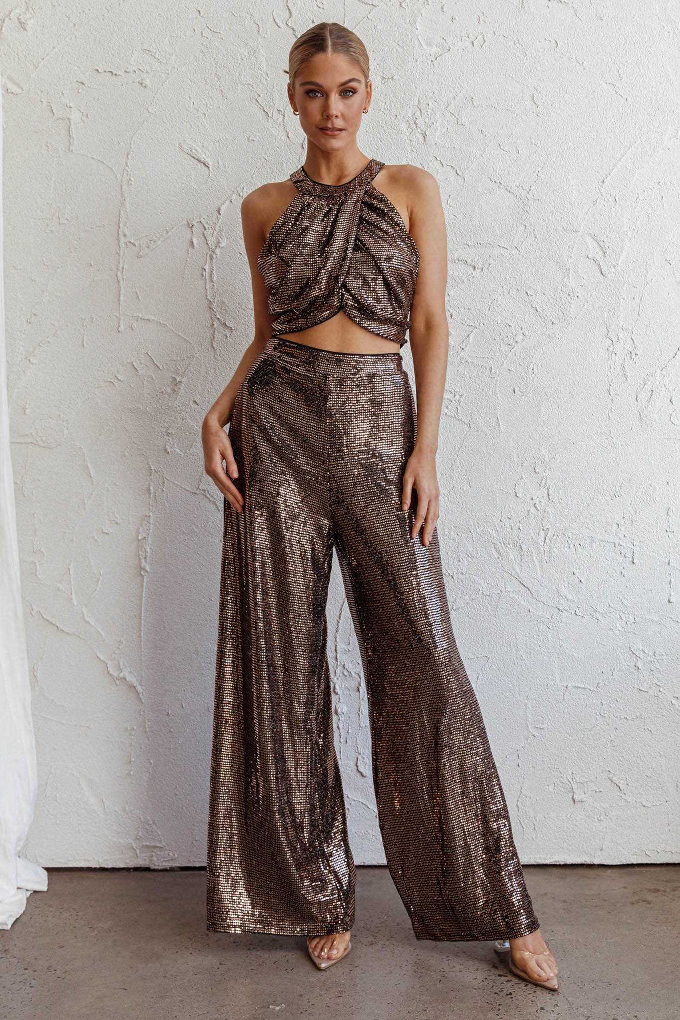 Anything Goes Wide Leg Metallic Pants Gold by Selfie Leslie