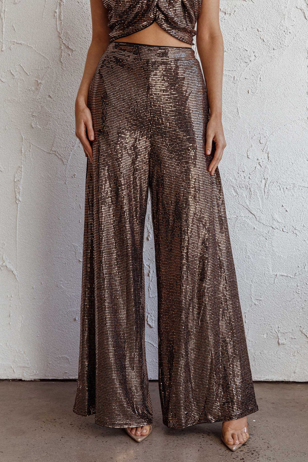 Anything Goes Wide Leg Metallic Pants Gold by Selfie Leslie