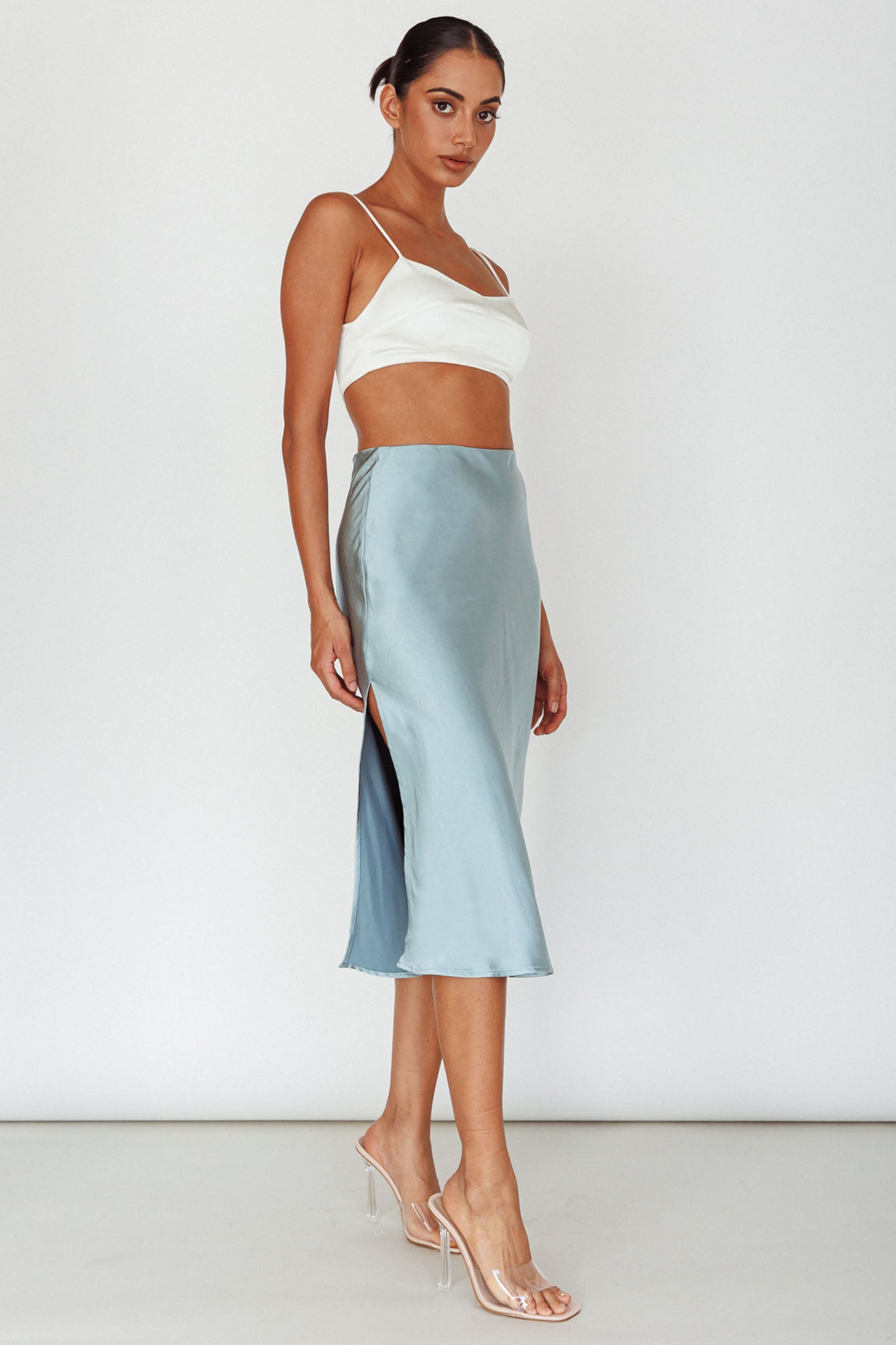 Shop the Daze Satin Midi Skirt Light Blue