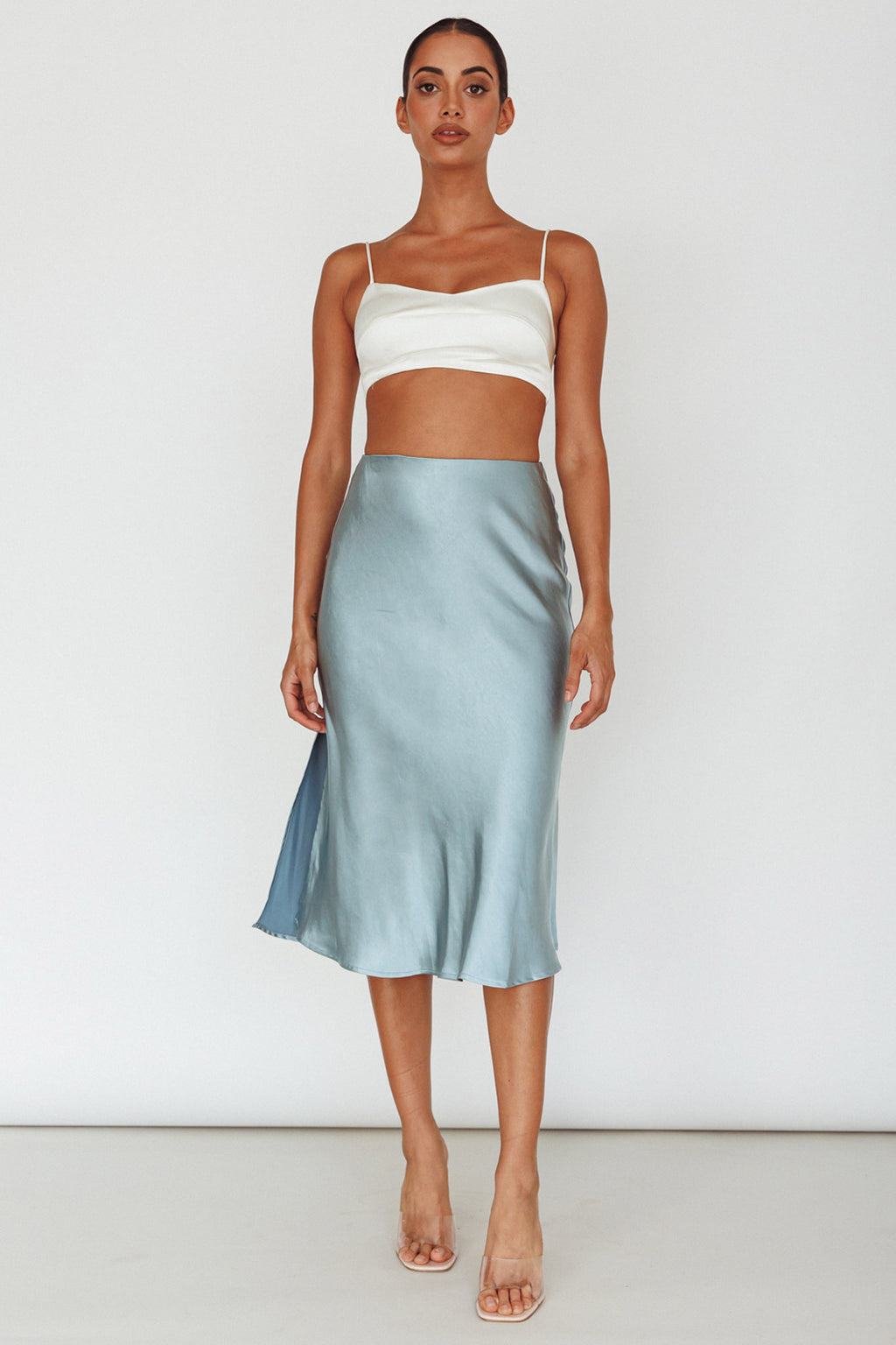 Daze Satin Midi Skirt Light Blue by Selfie Leslie