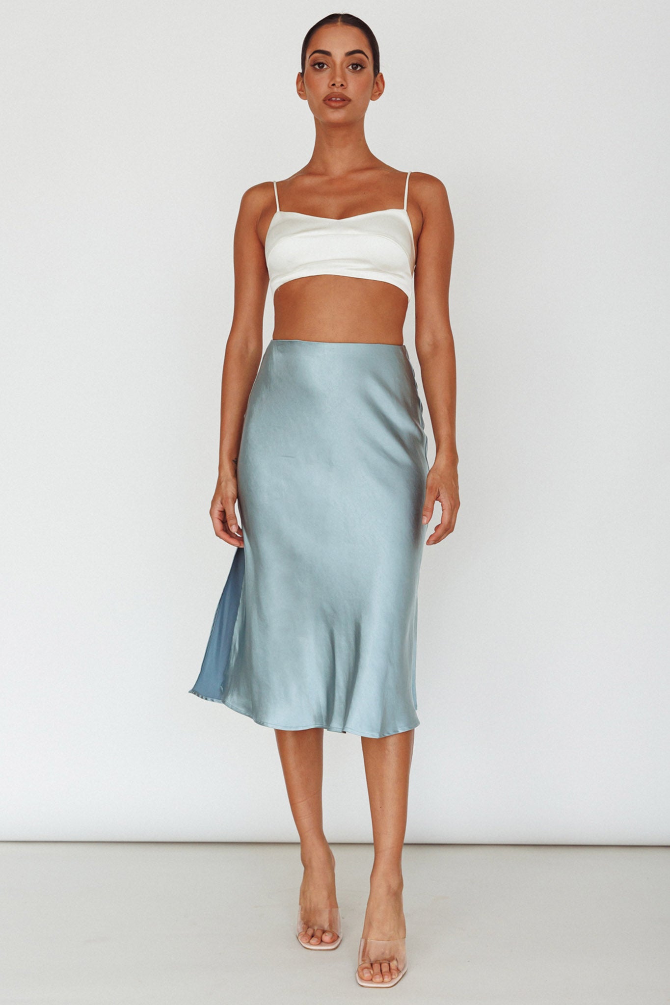 Daze Satin Midi Skirt Light Blue by Selfie Leslie