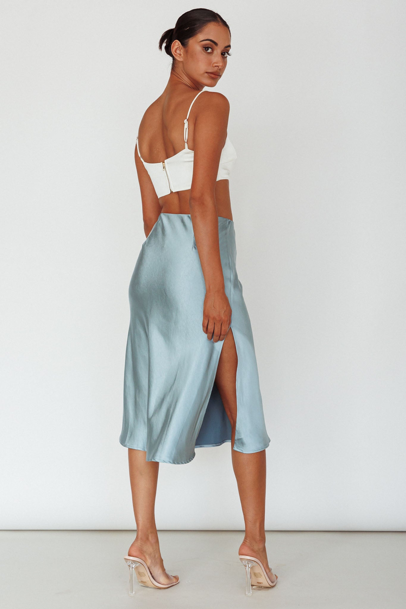 Daze Satin Midi Skirt Light Blue by Selfie Leslie