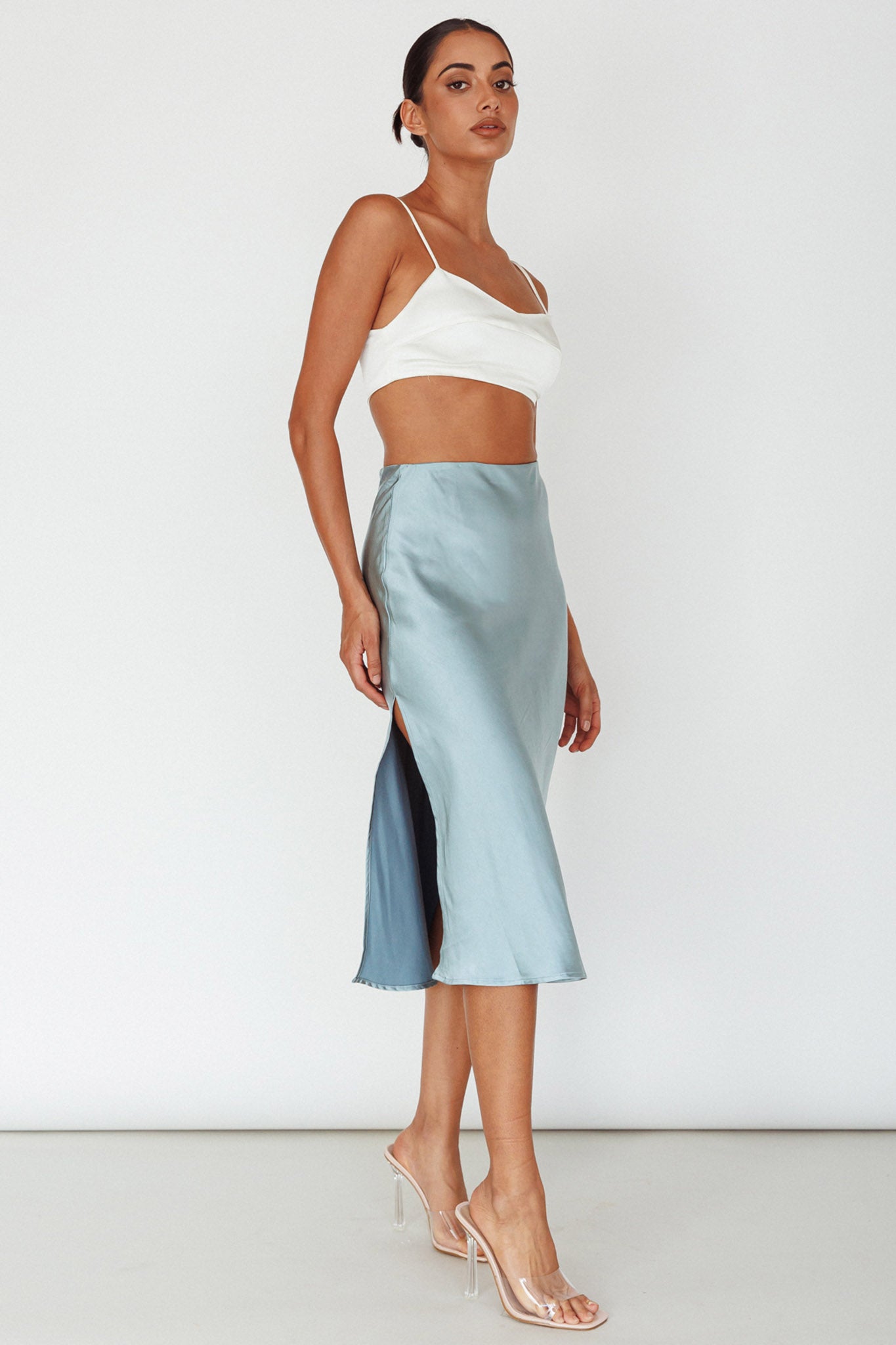 Daze Satin Midi Skirt Light Blue by Selfie Leslie
