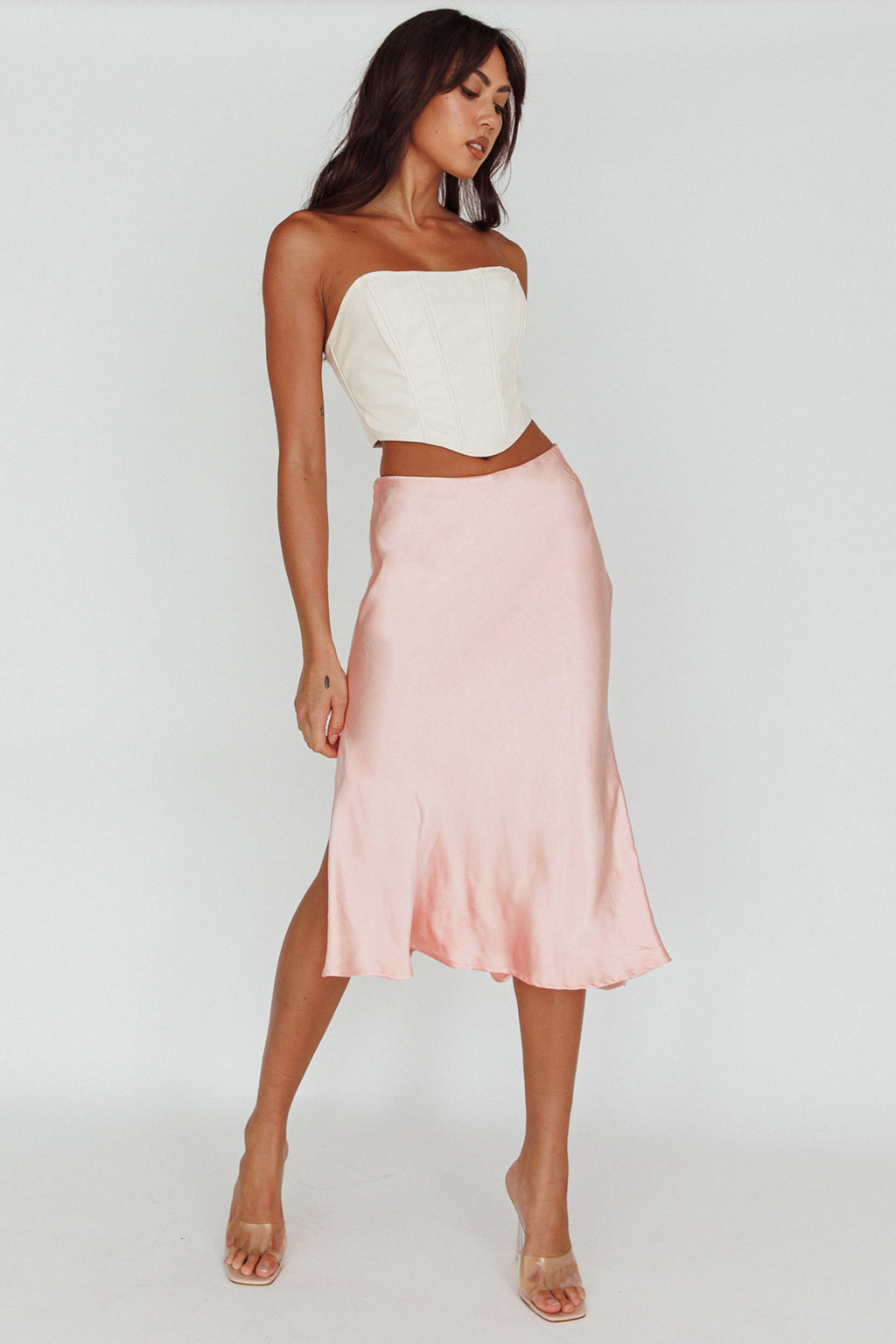 Daze Satin Midi Skirt Pink by Selfie Leslie