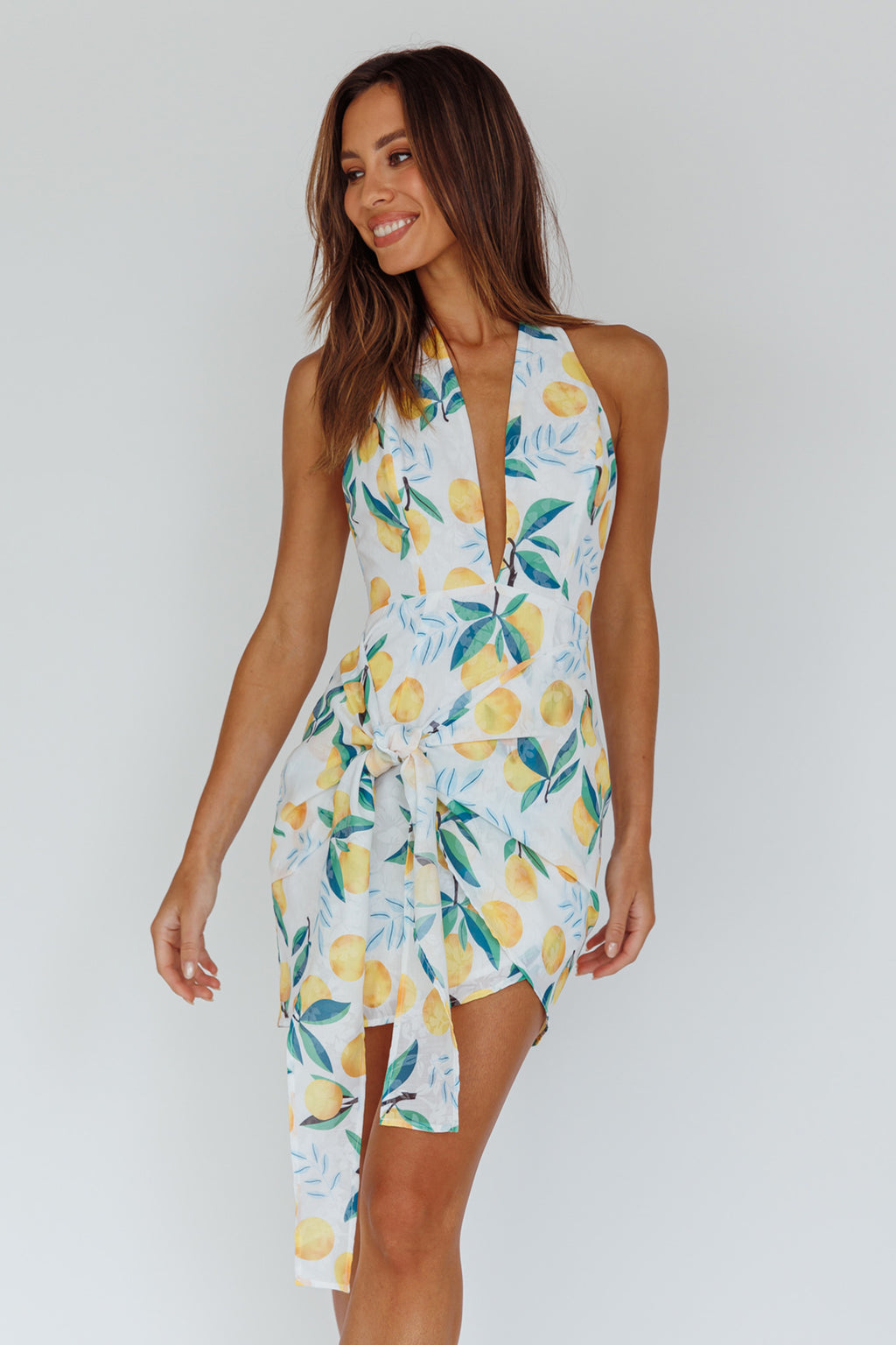 Euro Trip Halter Wrap Mini Dress Lemon by Selfie Leslie