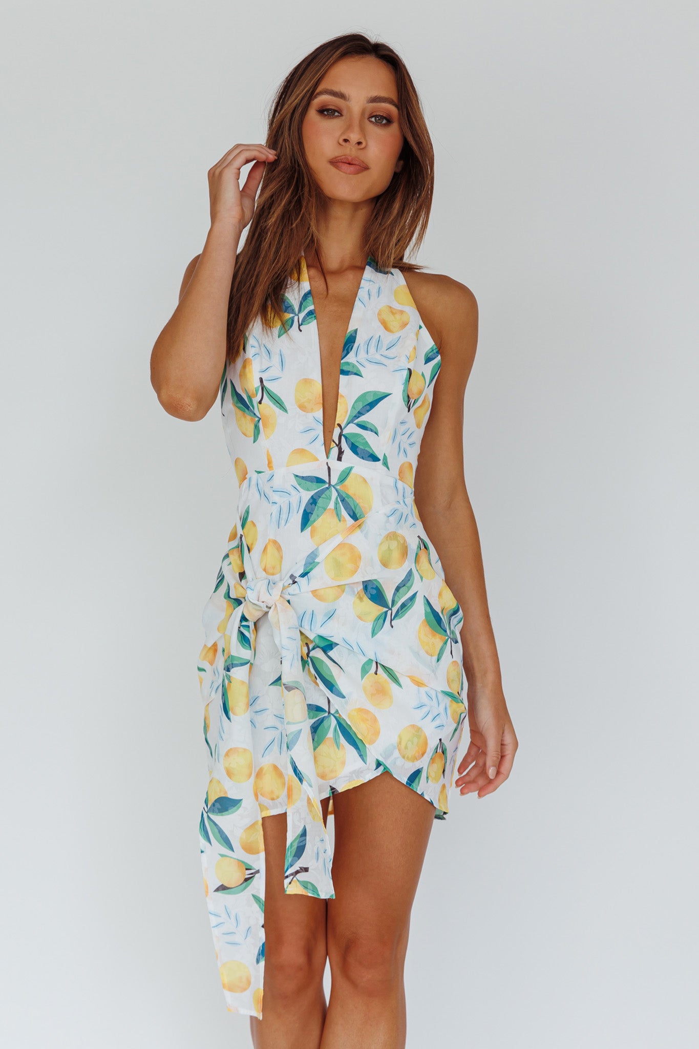 Euro Trip Halter Wrap Mini Dress Lemon by Selfie Leslie