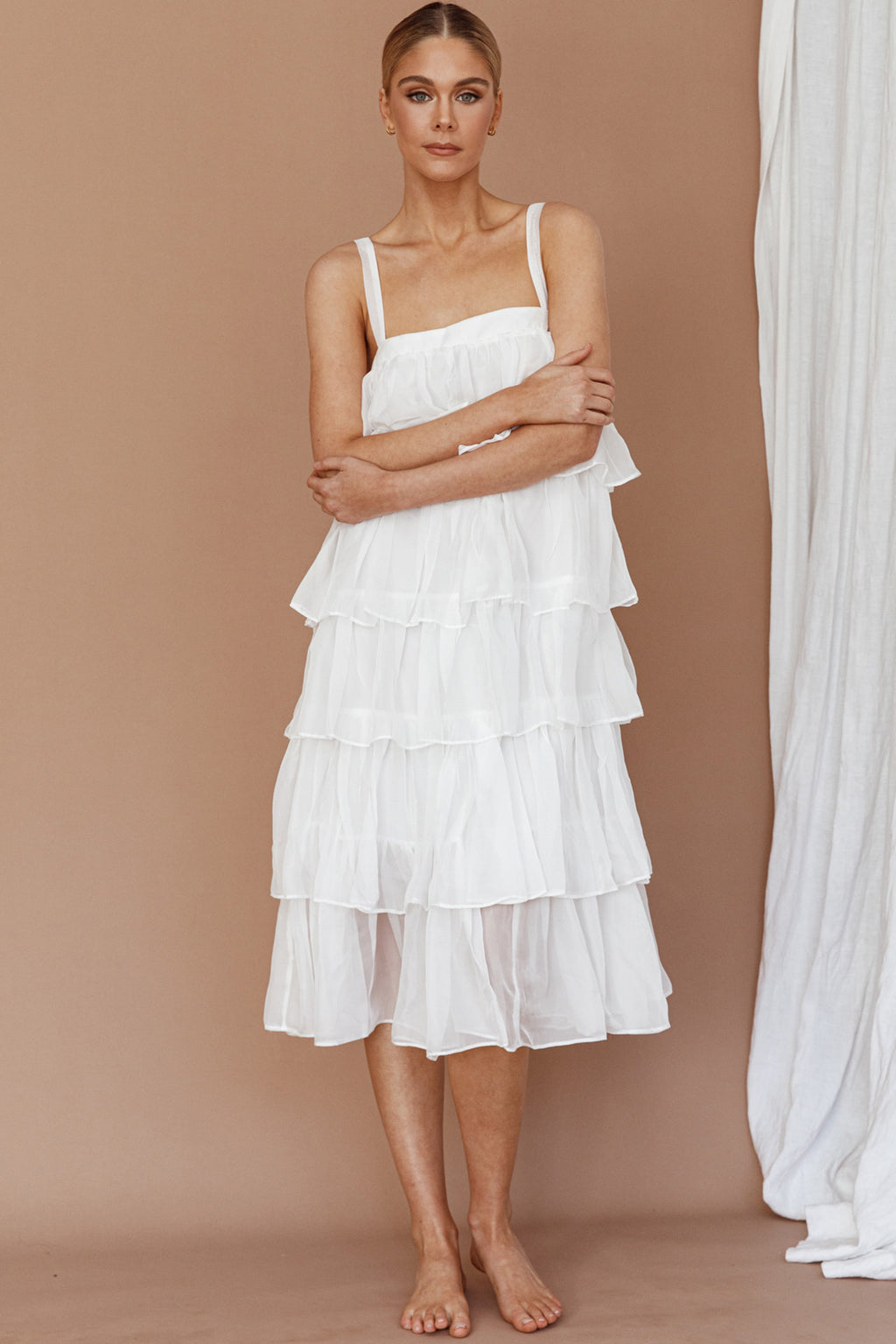 Merry Layered Frill Midi Dress White