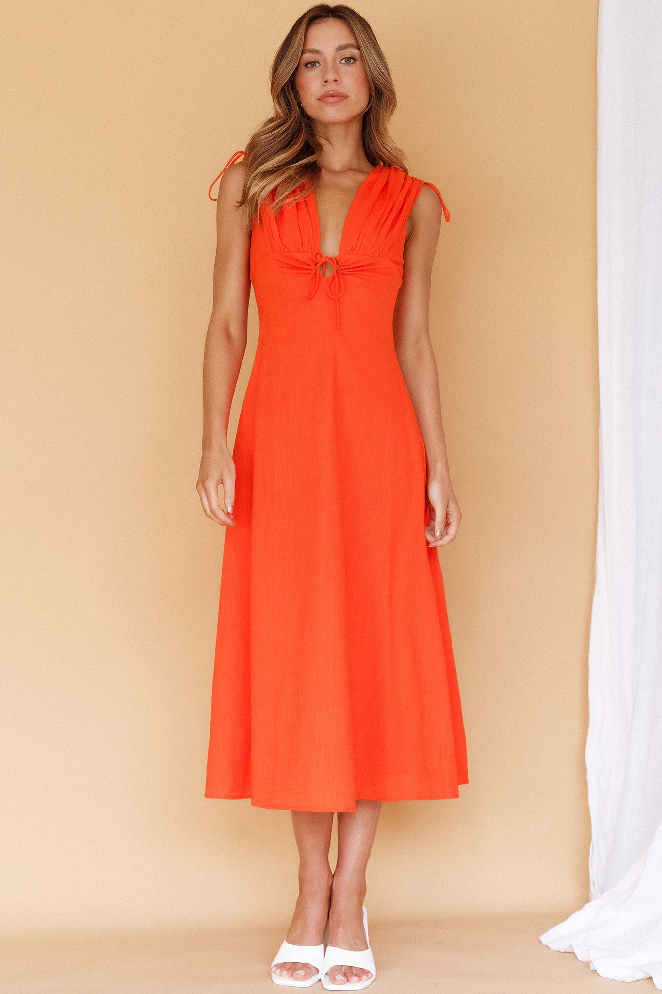 Cape Cod Drawstring Accent Midi Dress Tangerine by Selfie Leslie