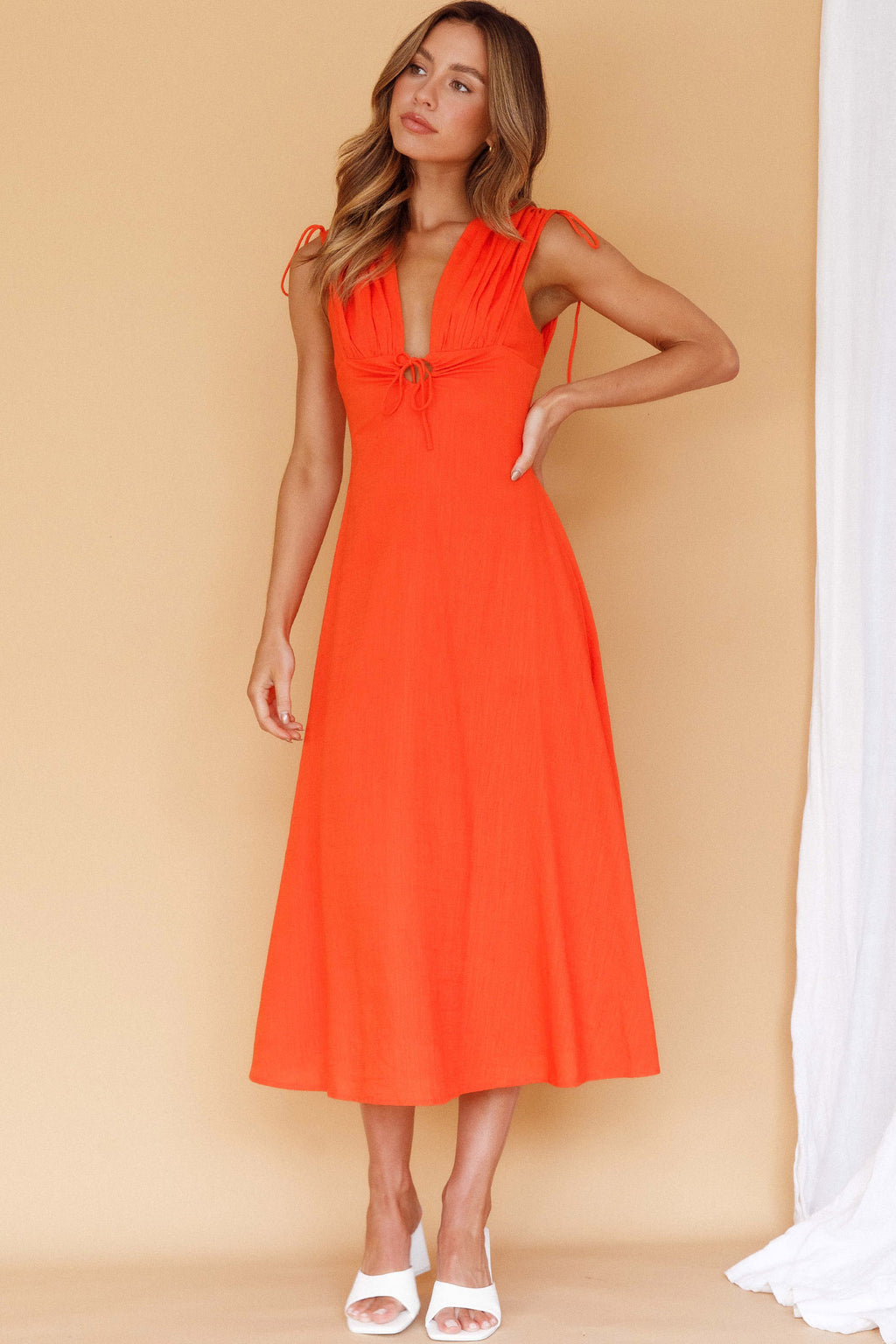 Cape Cod Drawstring Accent Midi Dress Tangerine by Selfie Leslie