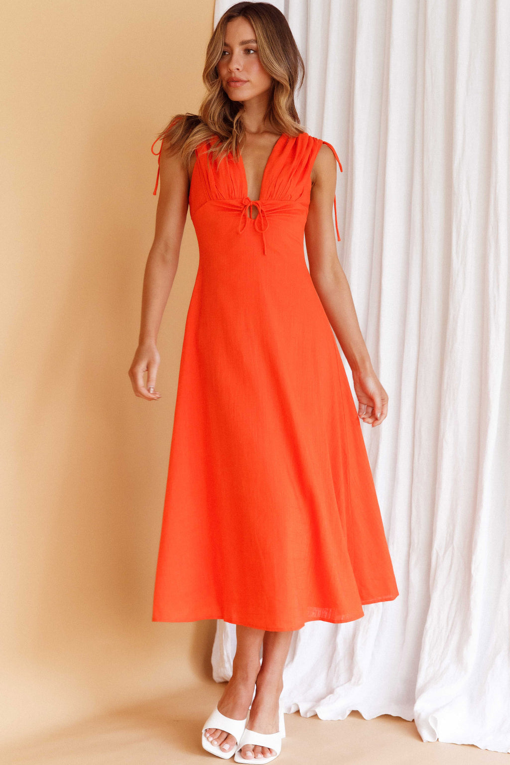 Cape Cod Drawstring Accent Midi Dress Tangerine by Selfie Leslie