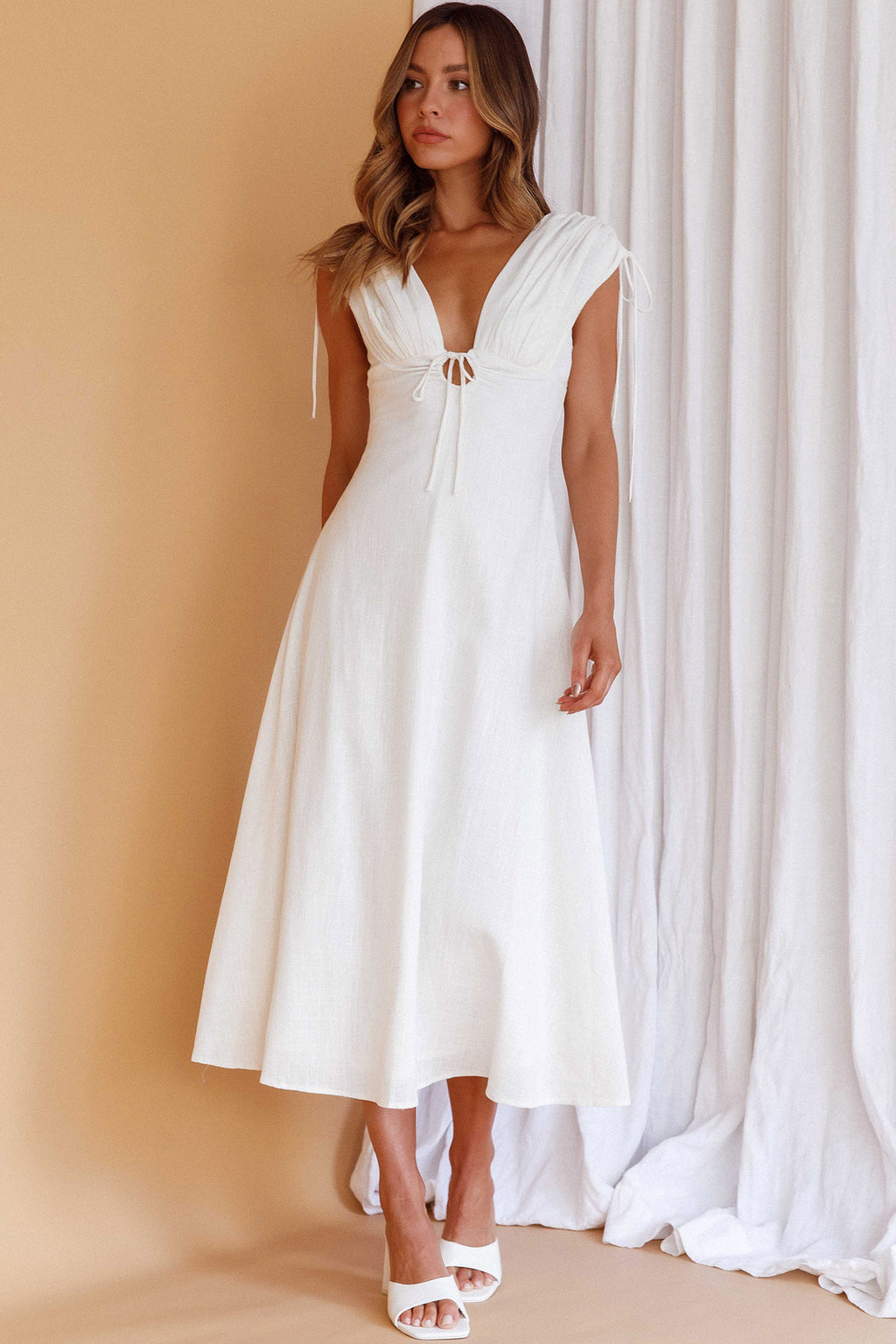 Cape Cod Drawstring Accent Midi Dress White by Selfie Leslie