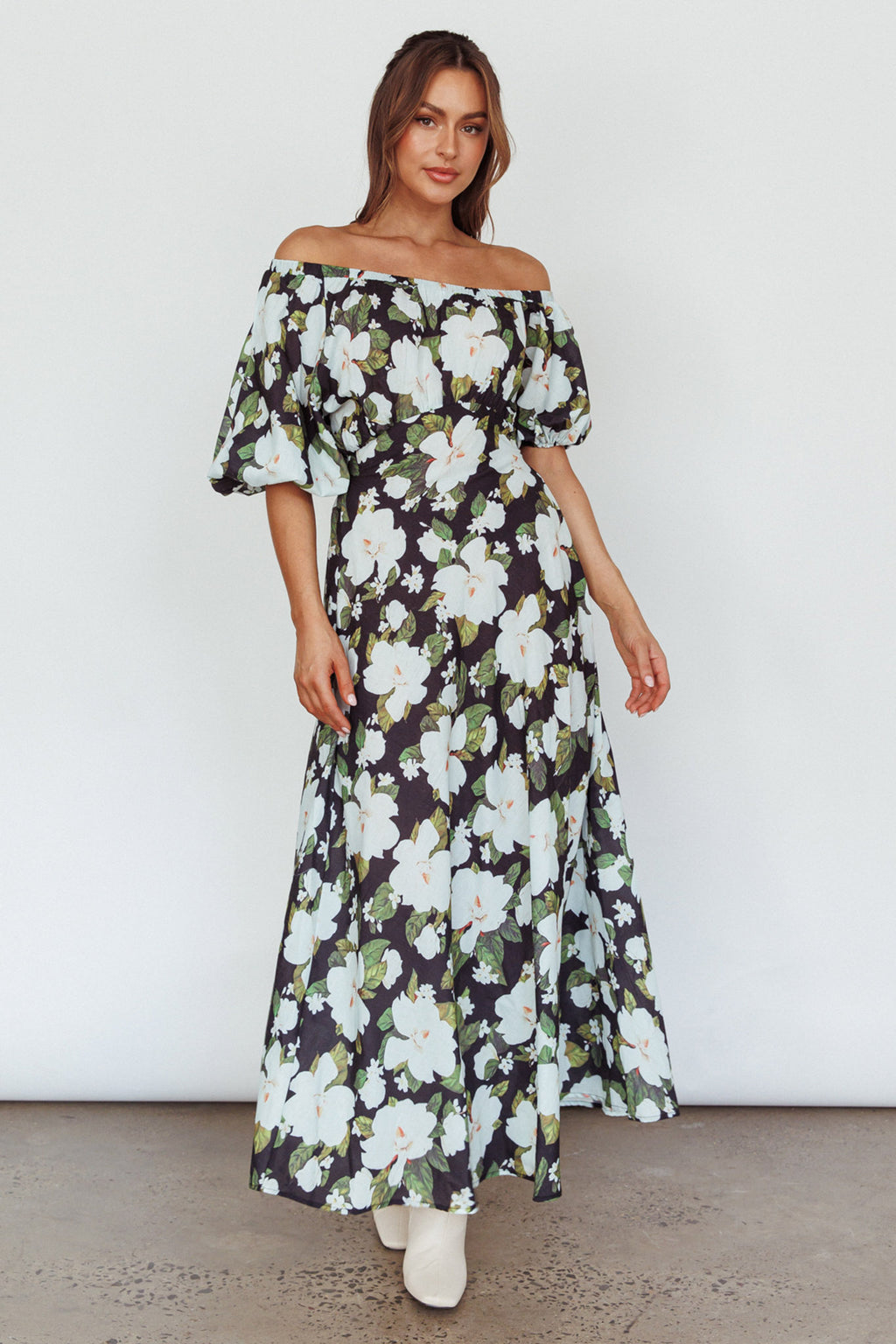 Momentum Off Shoulder Maxi Dress Floral Black by Selfie Leslie