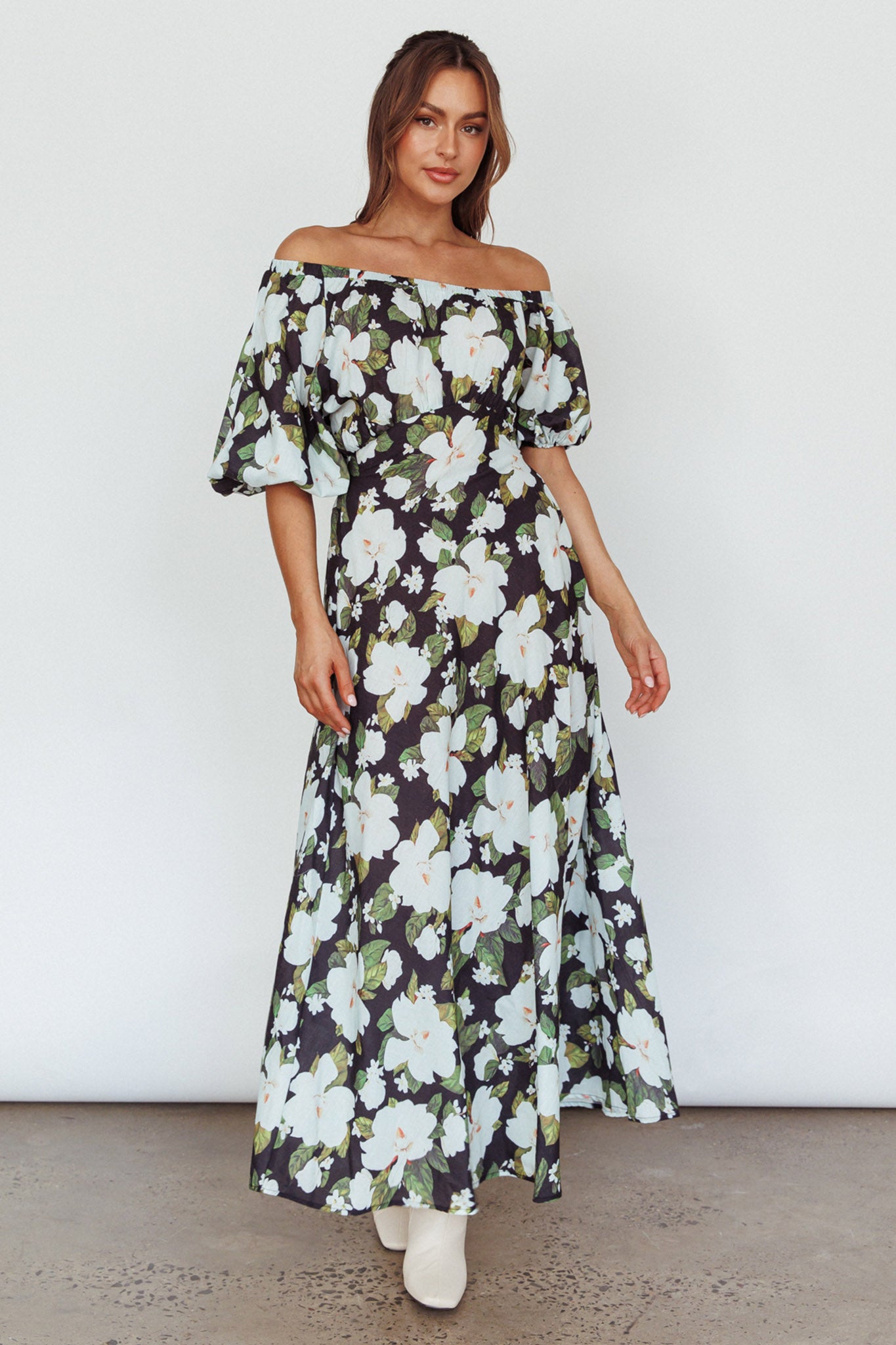 Momentum Off Shoulder Maxi Dress Floral Black by Selfie Leslie