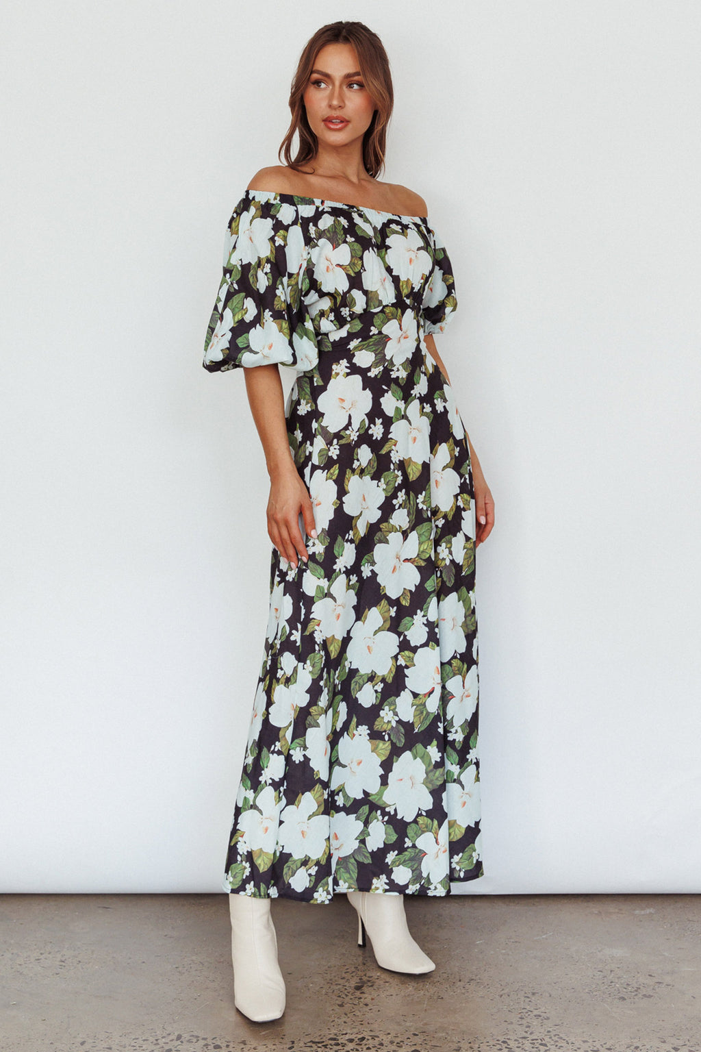 Momentum Off Shoulder Maxi Dress Floral Black by Selfie Leslie