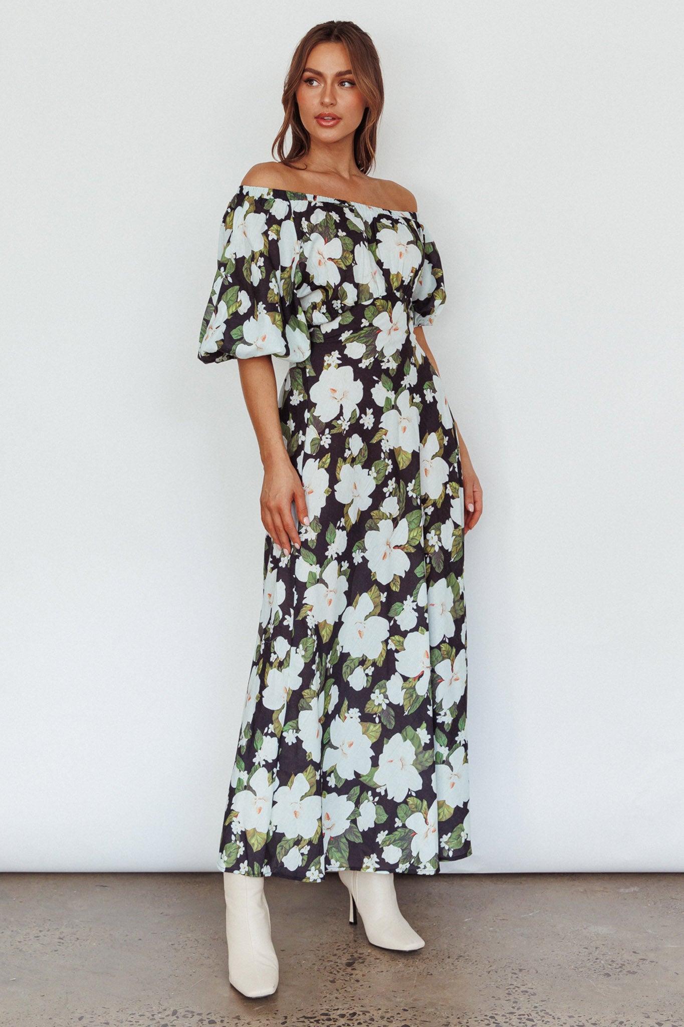 Momentum Off Shoulder Maxi Dress Floral Black by Selfie Leslie