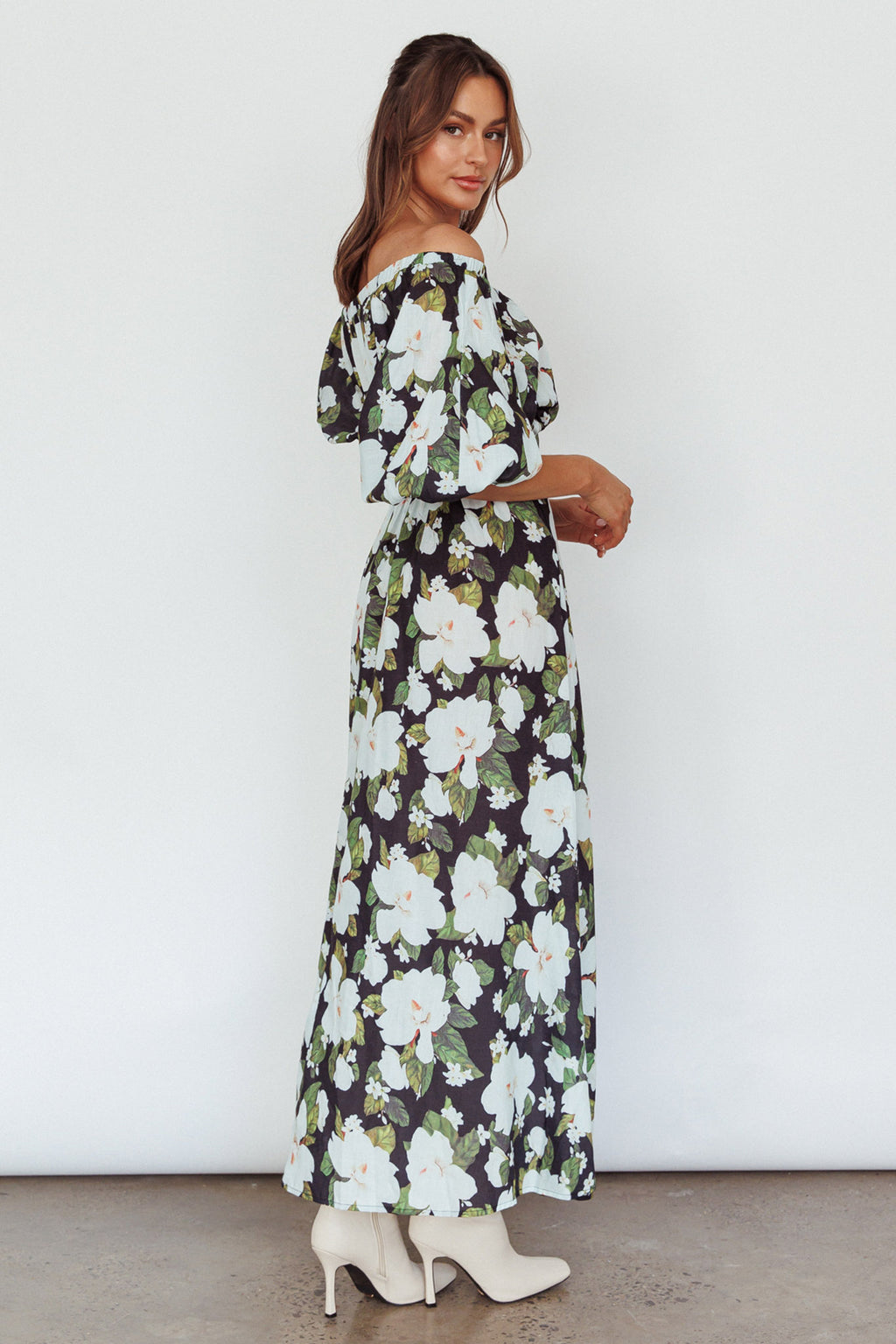 Momentum Off Shoulder Maxi Dress Floral Black by Selfie Leslie
