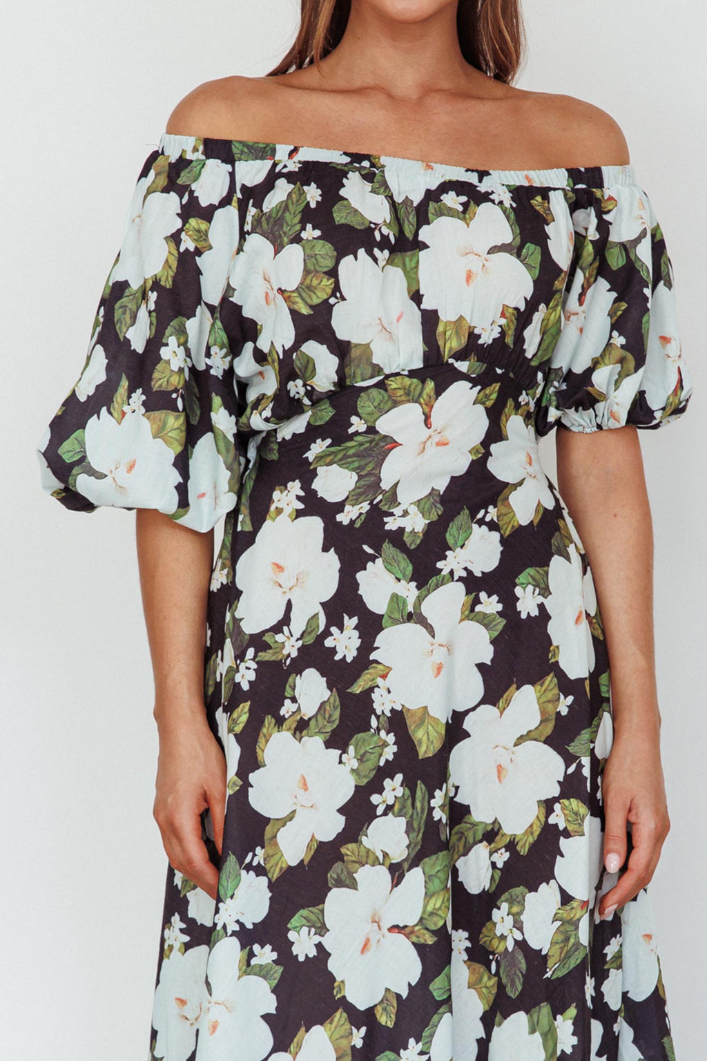 Momentum Off Shoulder Maxi Dress Floral Black by Selfie Leslie
