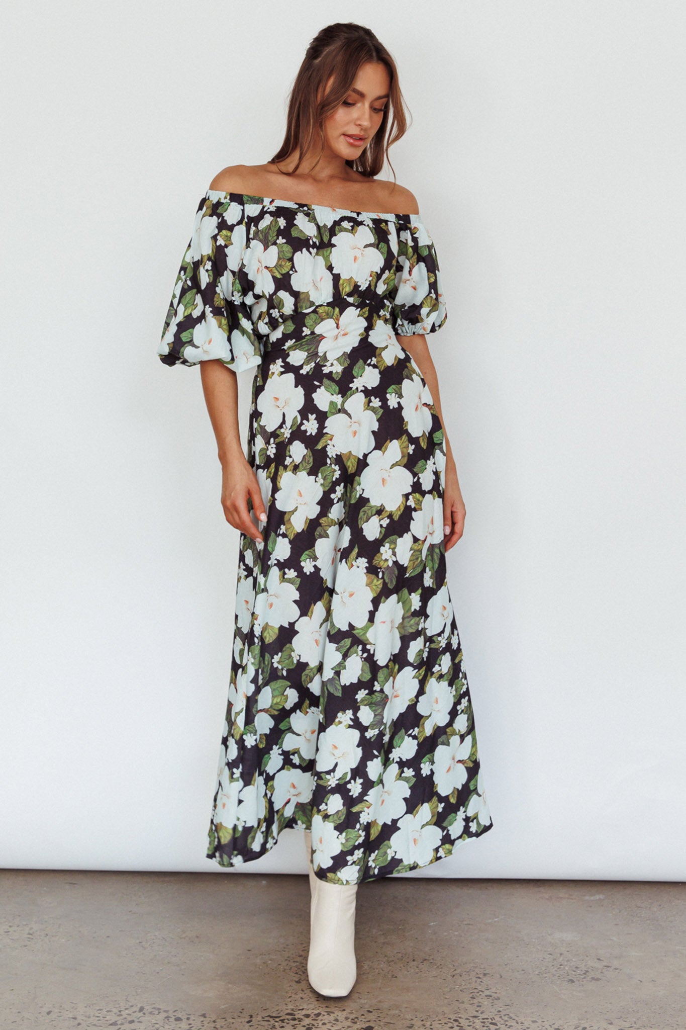 Momentum Off Shoulder Maxi Dress Floral Black by Selfie Leslie