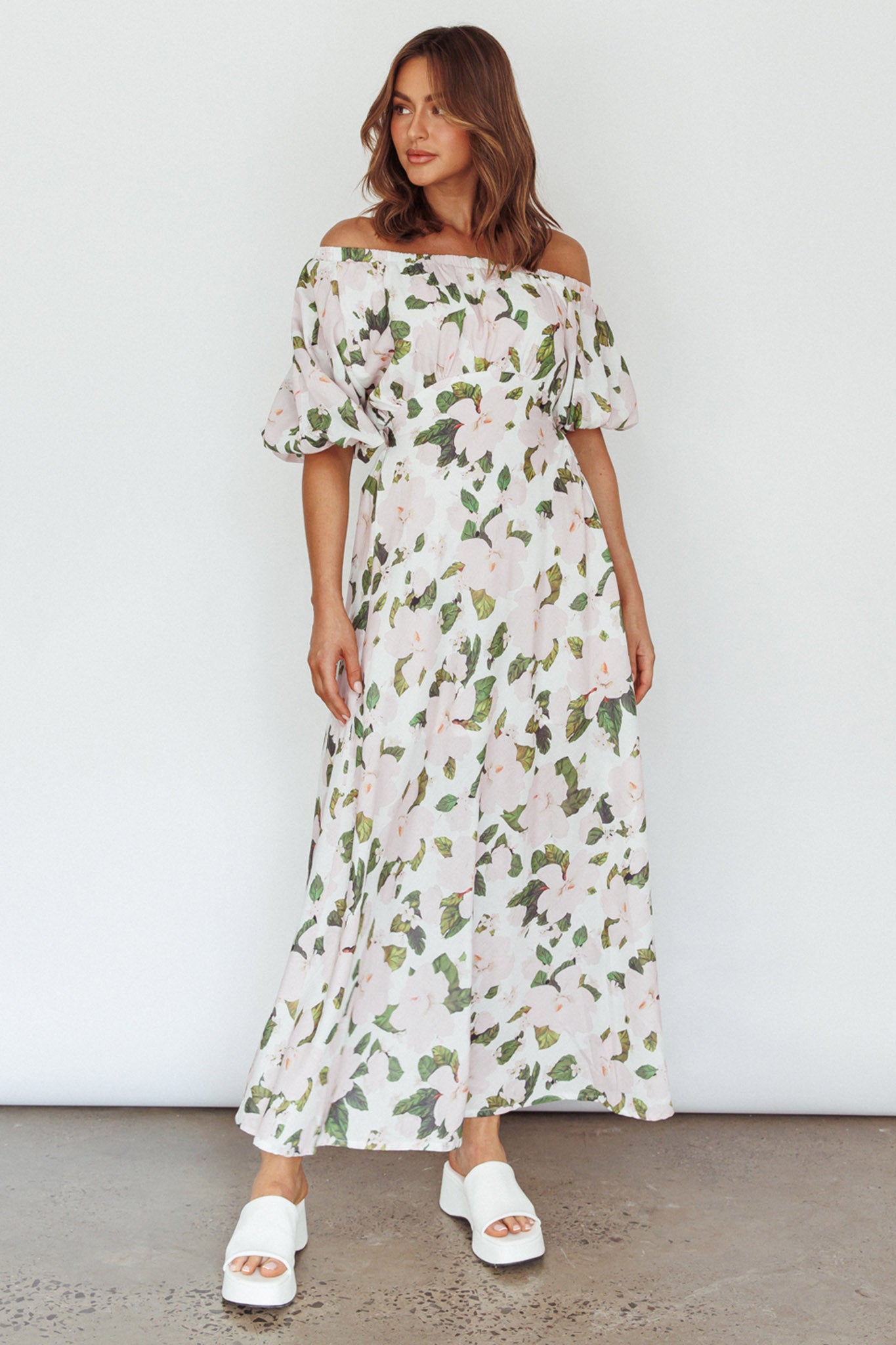 Momentum Off Shoulder Maxi Dress Floral Pink by Selfie Leslie