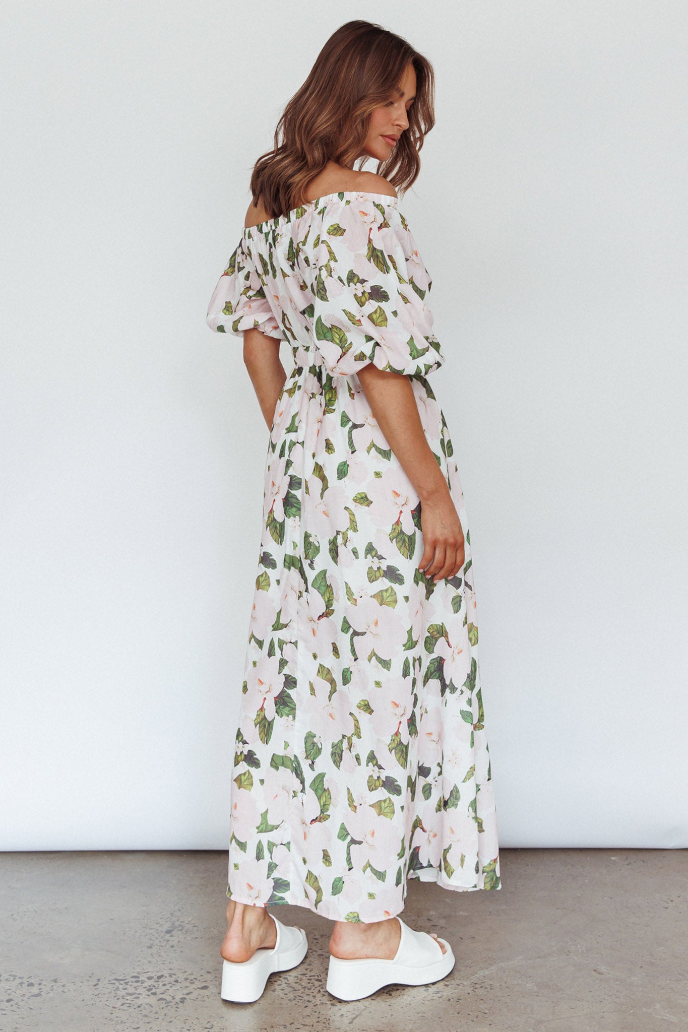 Momentum Off Shoulder Maxi Dress Floral Pink by Selfie Leslie