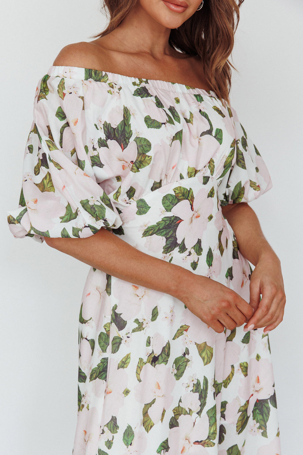 Momentum Off Shoulder Maxi Dress Floral Pink by Selfie Leslie
