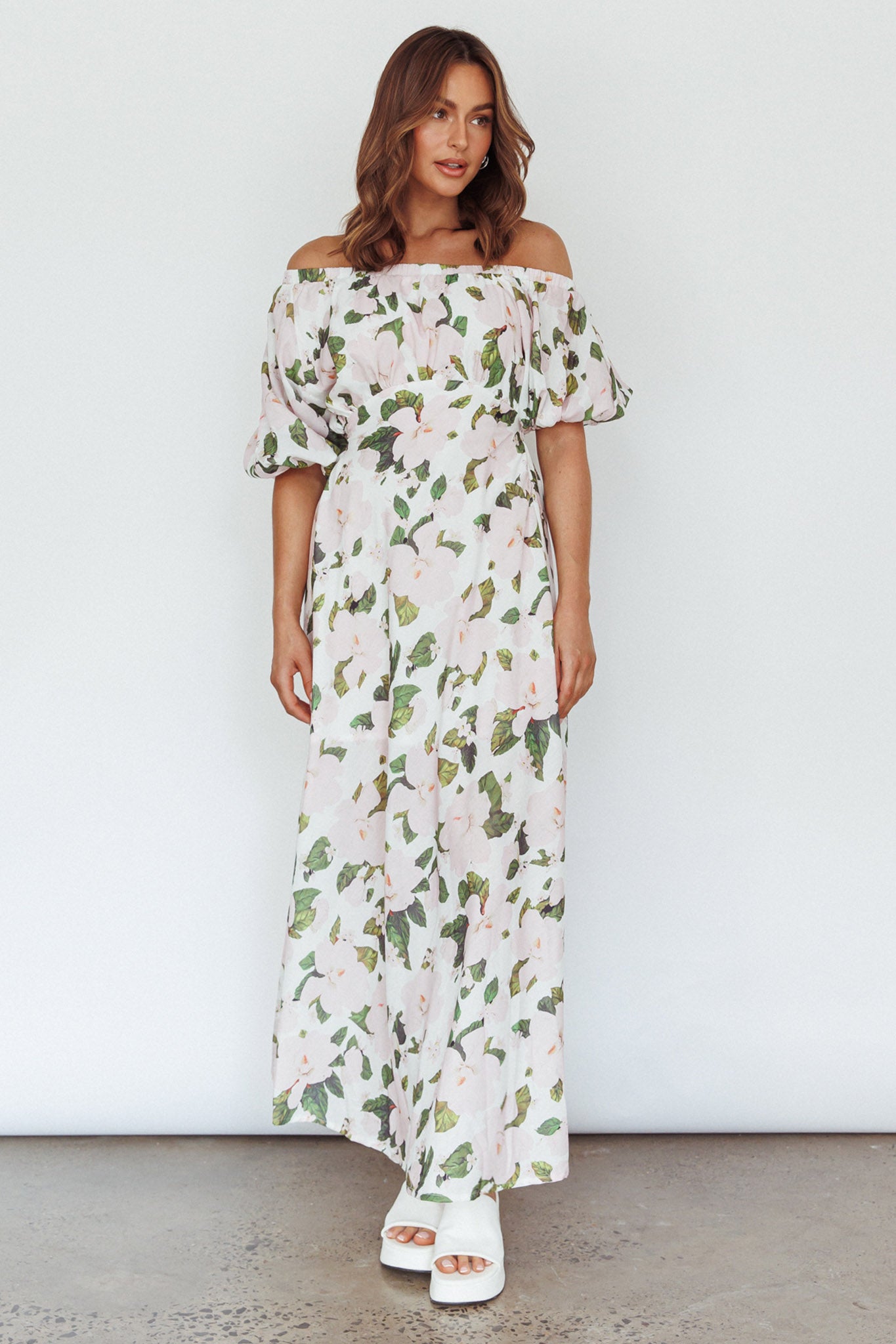 Momentum Off Shoulder Maxi Dress Floral Pink by Selfie Leslie