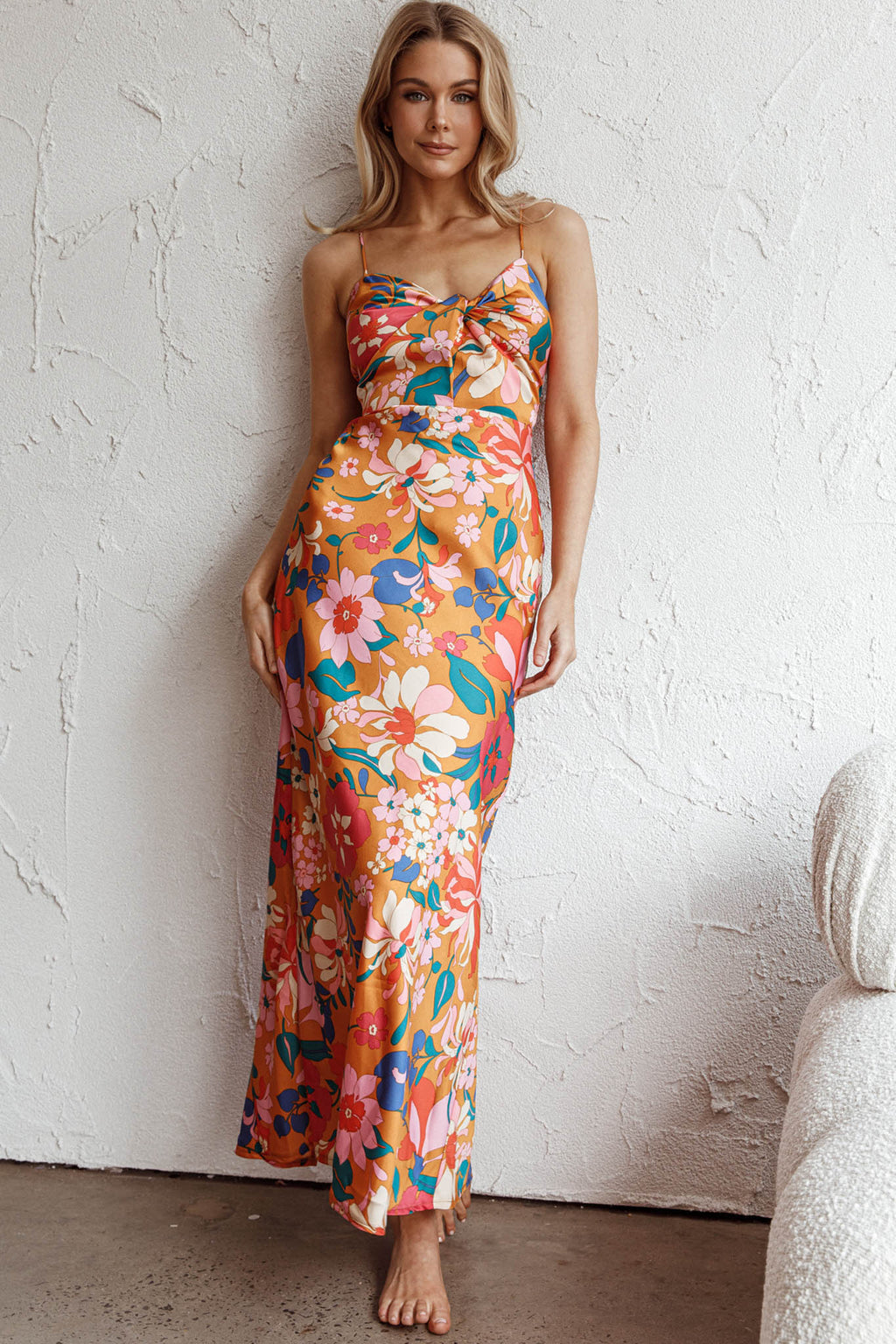 Sea Change Twist Bust Midi Dress Floral Orange by Selfie Leslie