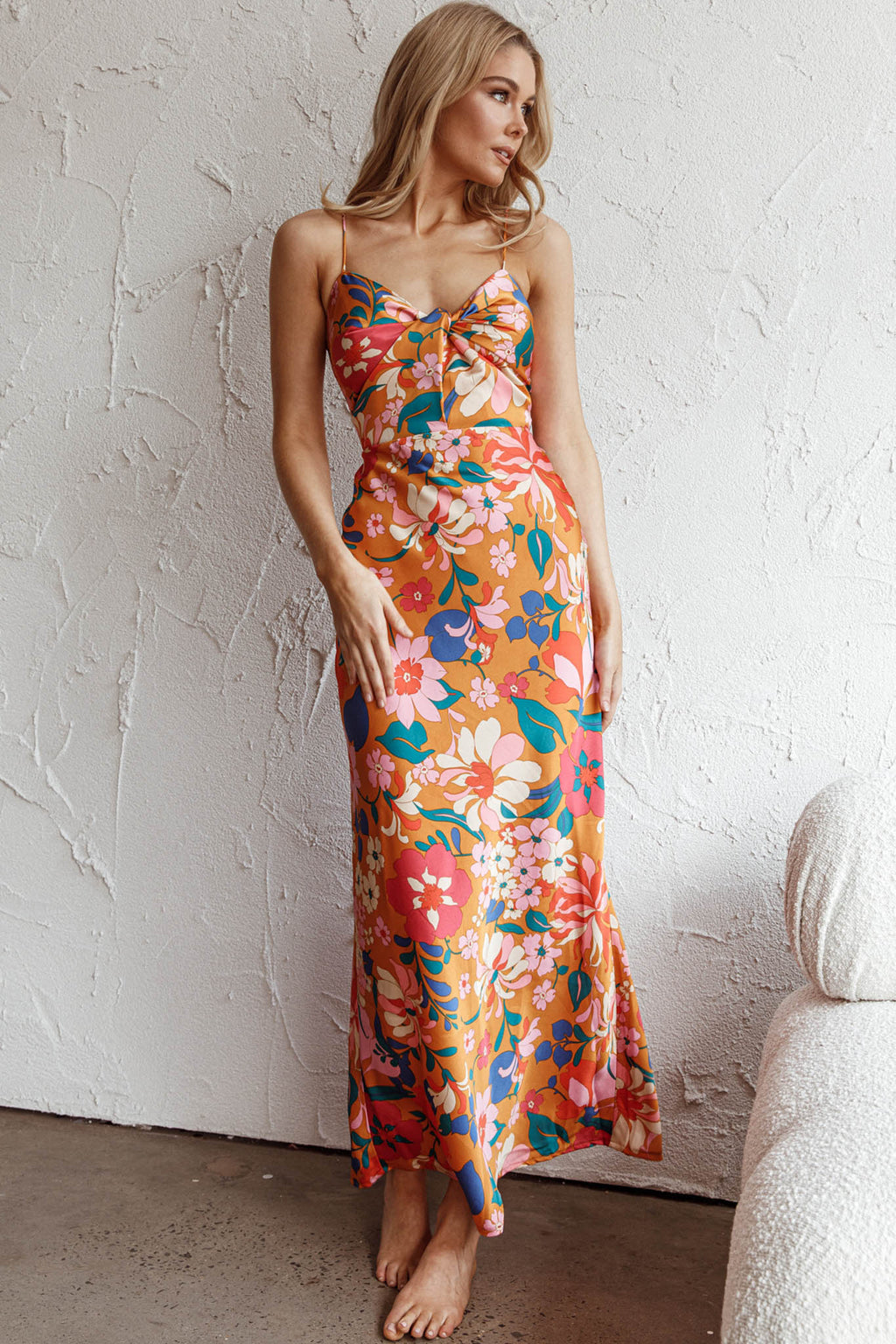 Sea Change Twist Bust Midi Dress Floral Orange by Selfie Leslie