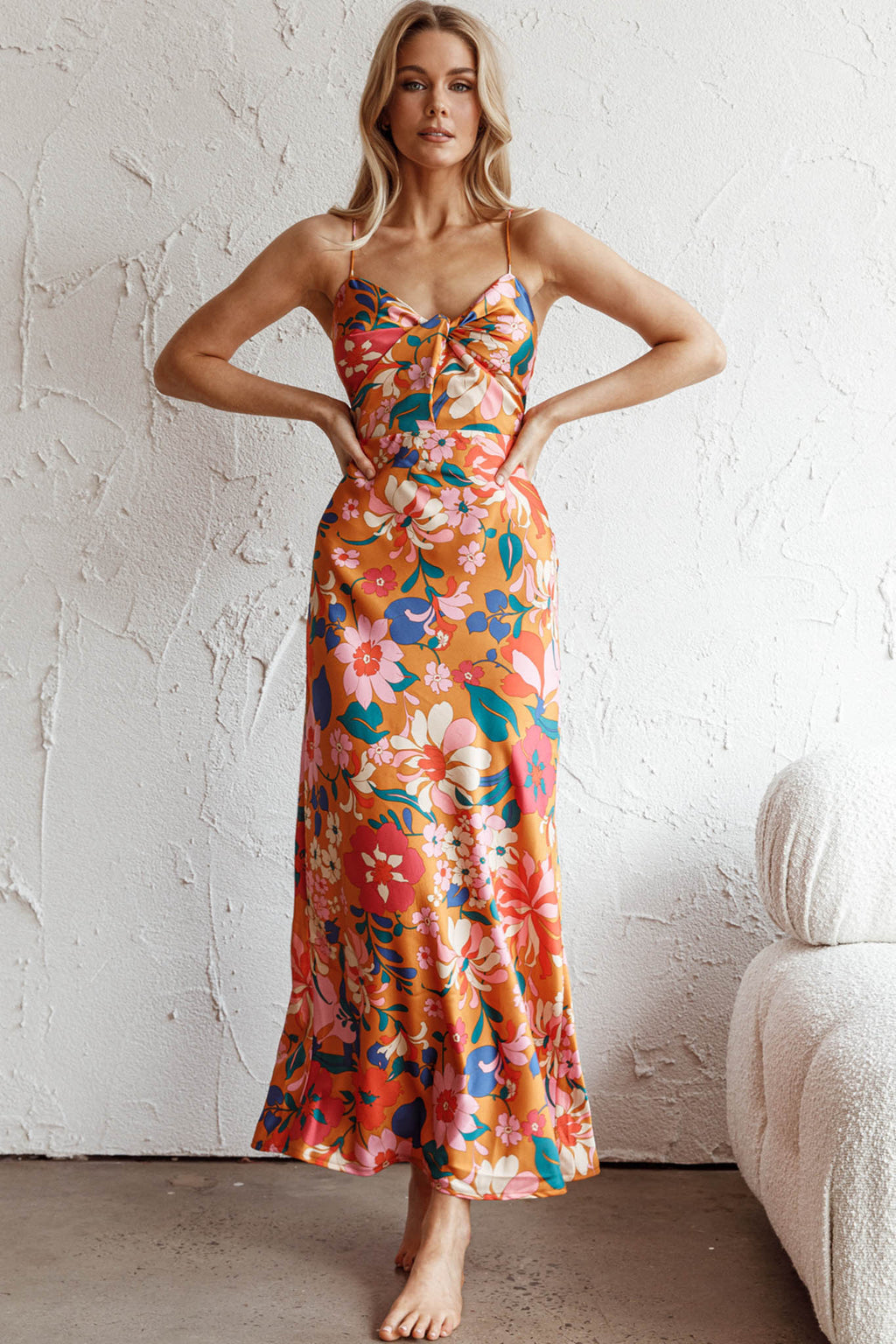 Sea Change Twist Bust Midi Dress Floral Orange by Selfie Leslie
