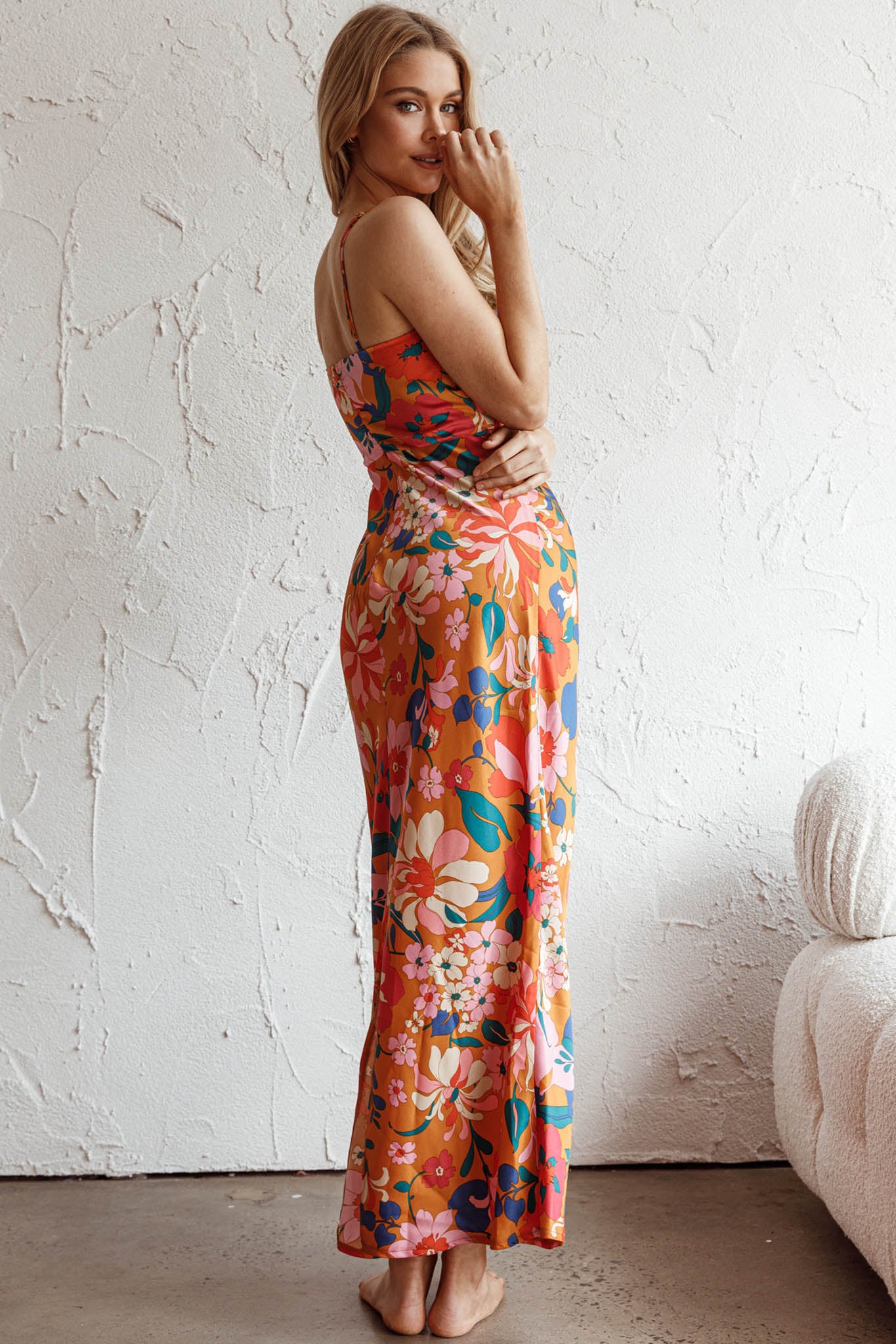 Sea Change Twist Bust Midi Dress Floral Orange by Selfie Leslie