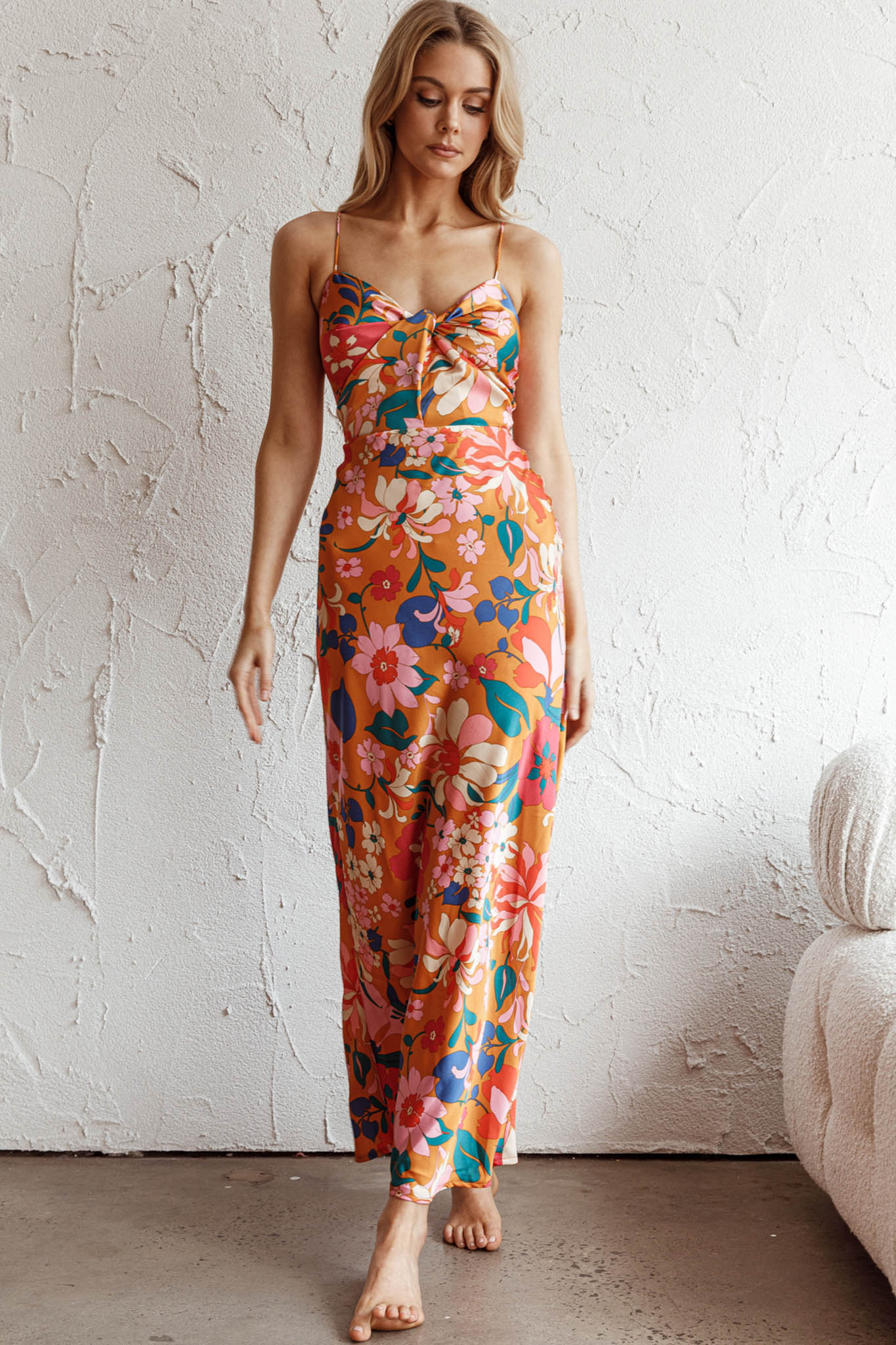 Sea Change Twist Bust Midi Dress Floral Orange by Selfie Leslie