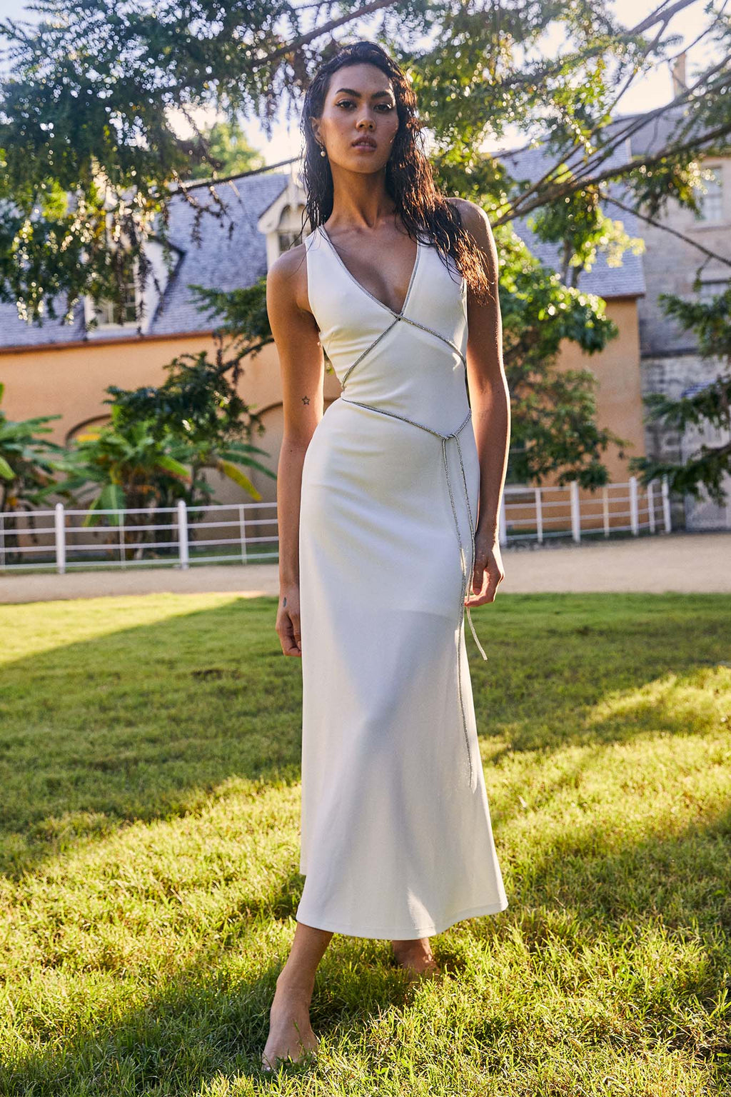 Del Sol Diamante Rope Maxi Dress White by Selfie Leslie
