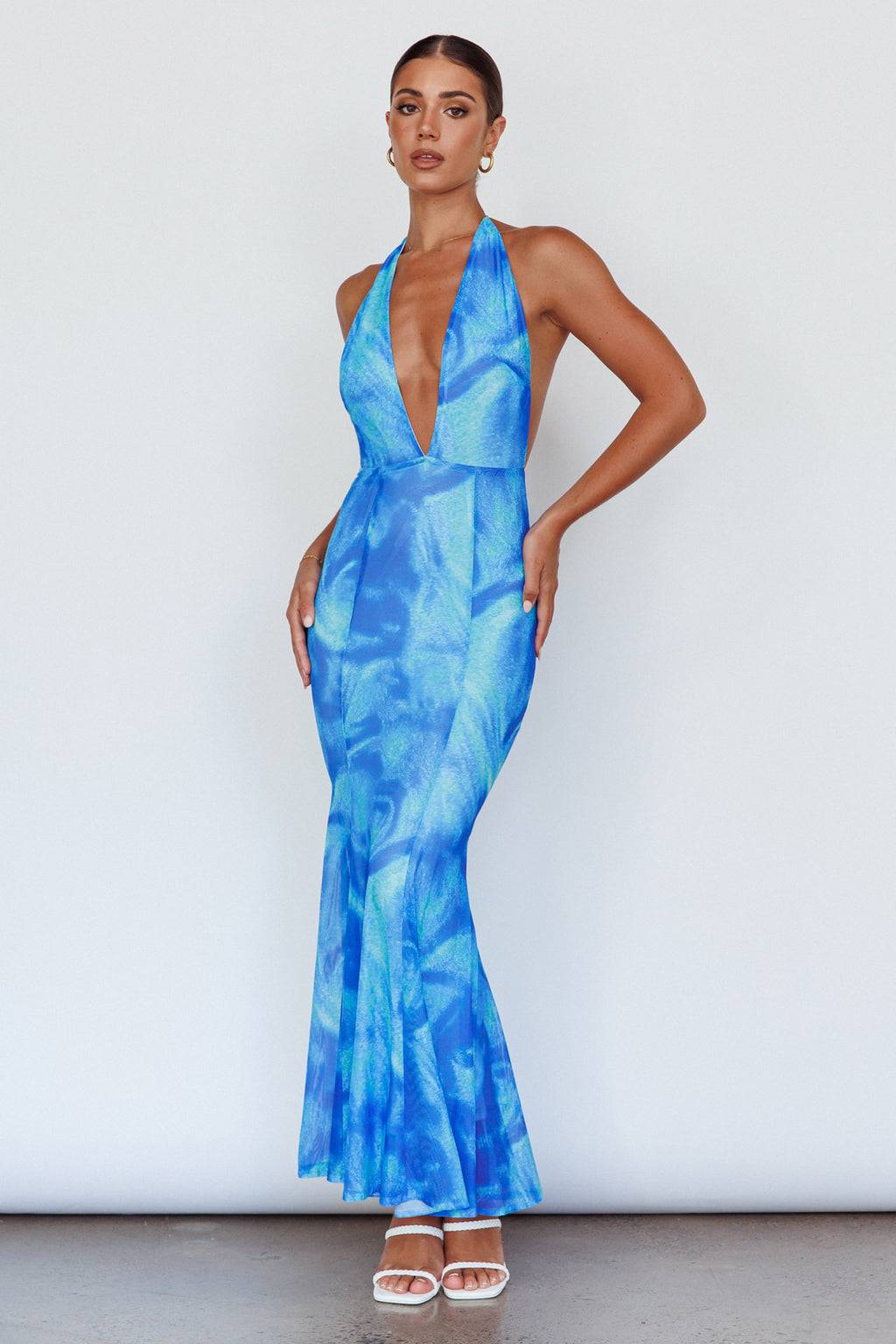 Mayah Halterneck Maxi Dress Printed Blue by Selfie Leslie