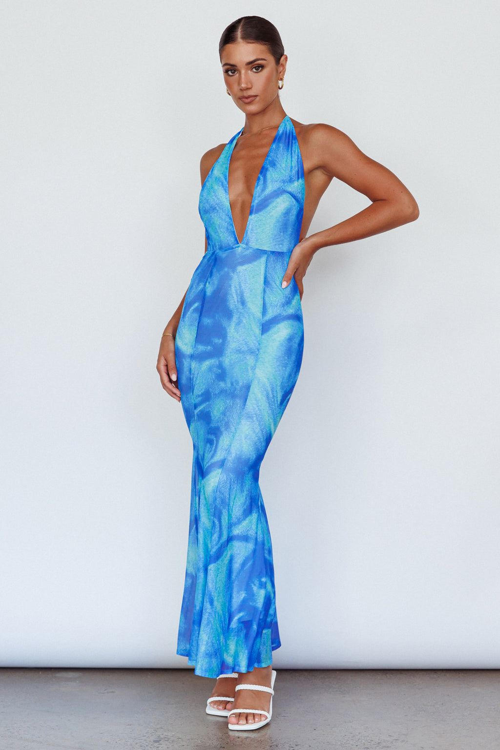 Mayah Halterneck Maxi Dress Printed Blue by Selfie Leslie