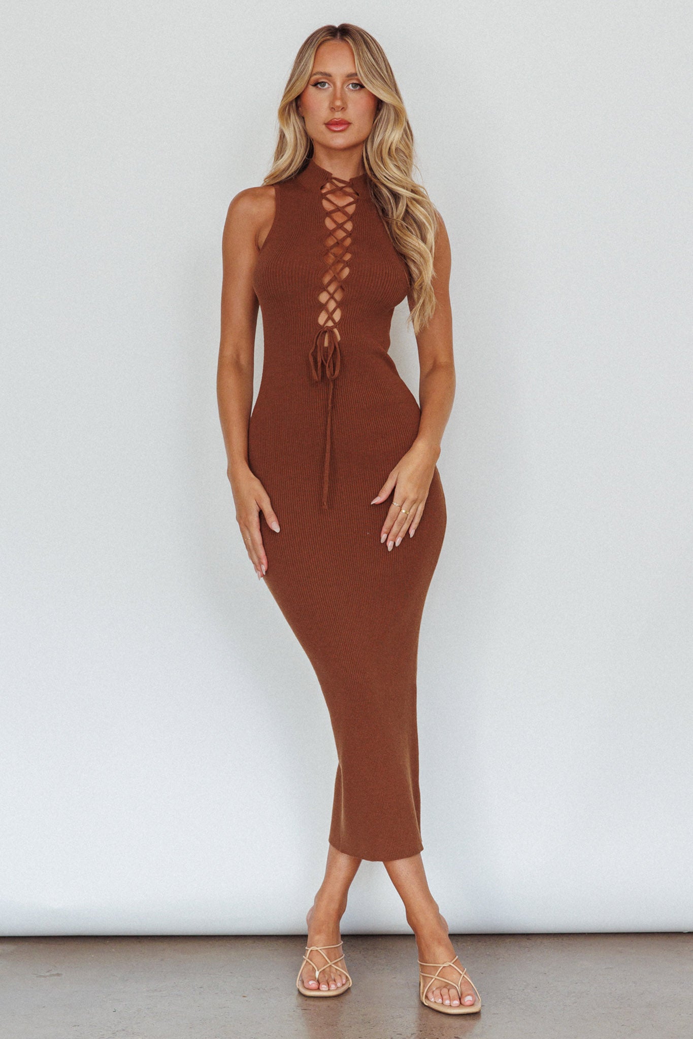 Brand New Day Lace-Up Bust Knit Midi Dress Chocolate by Selfie Leslie