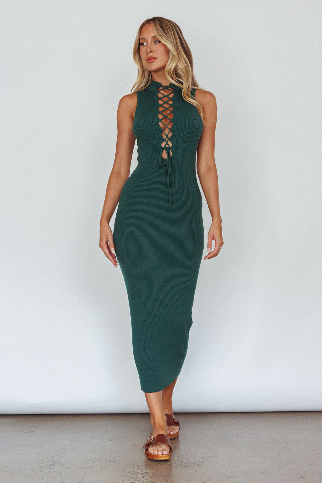 Brand New Day Lace-Up Bust Knit Midi Dress Emerald by Selfie Leslie