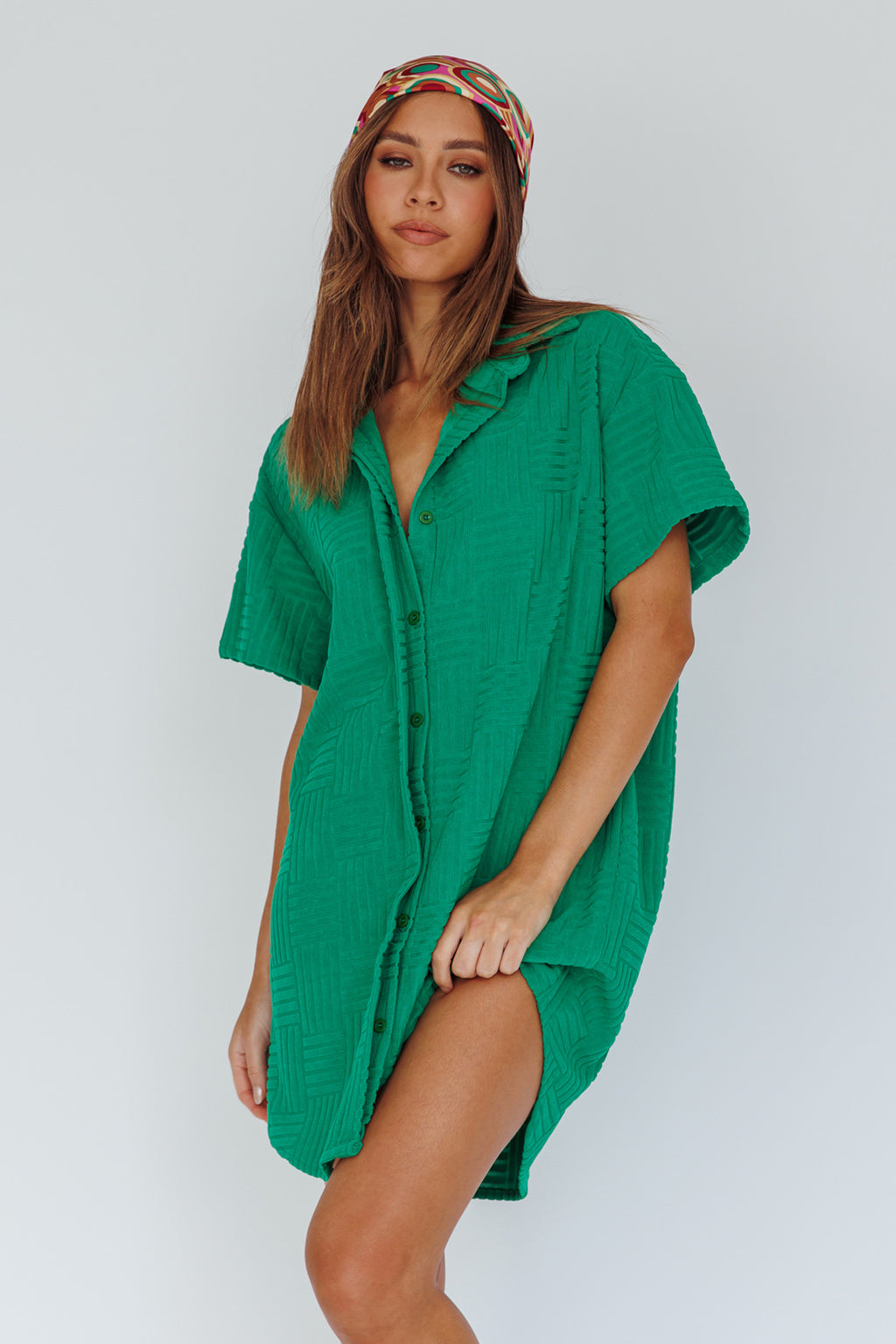 Sun Time Textured Shirt Dress Green by Selfie Leslie