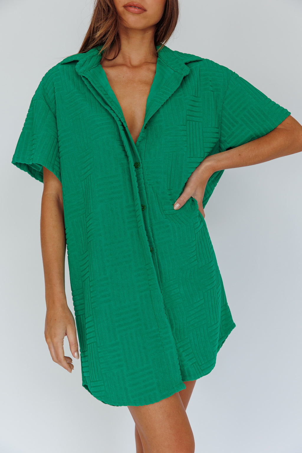 Sun Time Textured Shirt Dress Green by Selfie Leslie