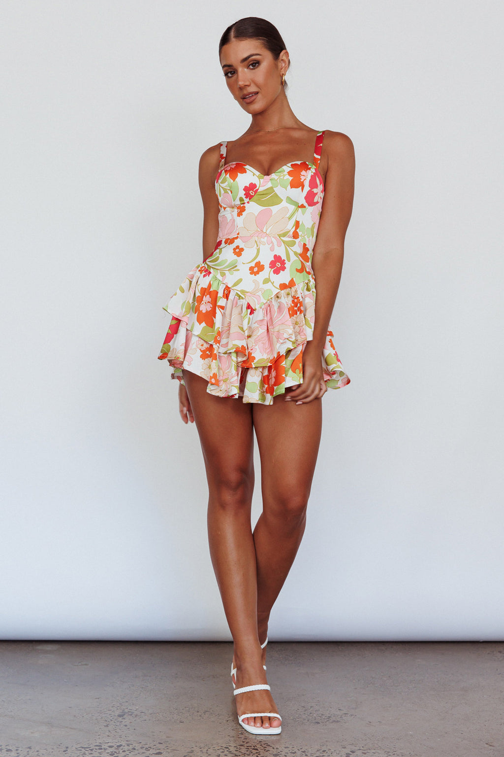 Tuscan Summer Flounce Romper Floral White by Selfie Leslie
