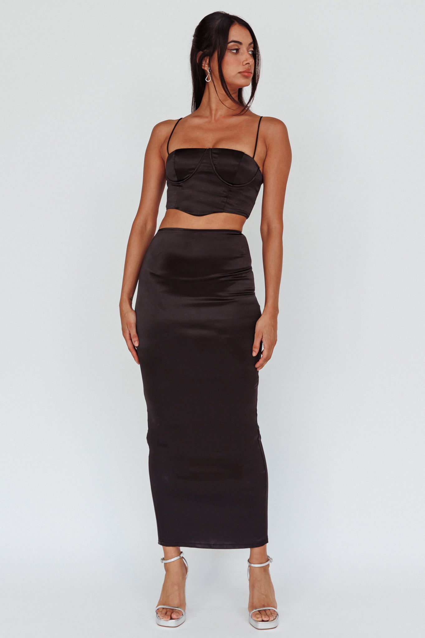 Zeina Satin Midi Skirt Black by Selfie Leslie