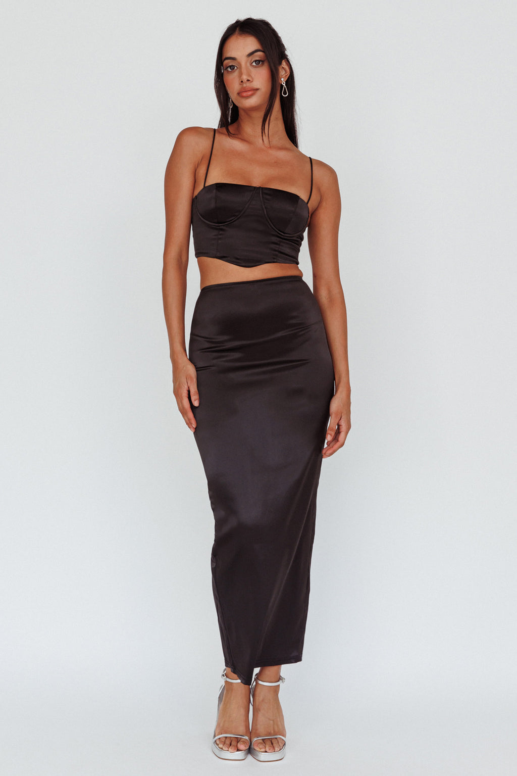 Zeina Satin Midi Skirt Black by Selfie Leslie