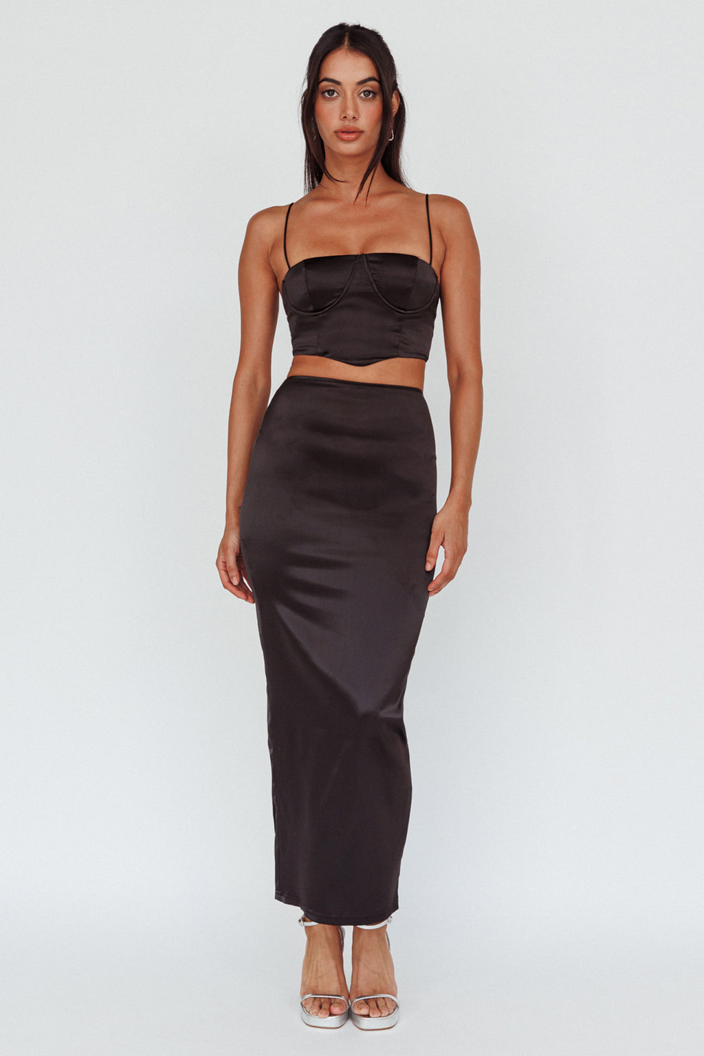 Zeina Satin Midi Skirt Black by Selfie Leslie