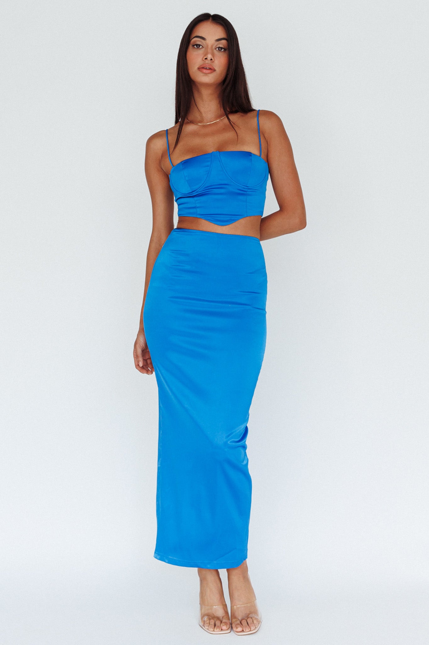 Zeina Satin Midi Skirt Blue by Selfie Leslie