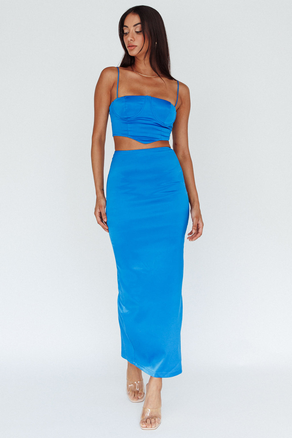 Zeina Satin Midi Skirt Blue by Selfie Leslie