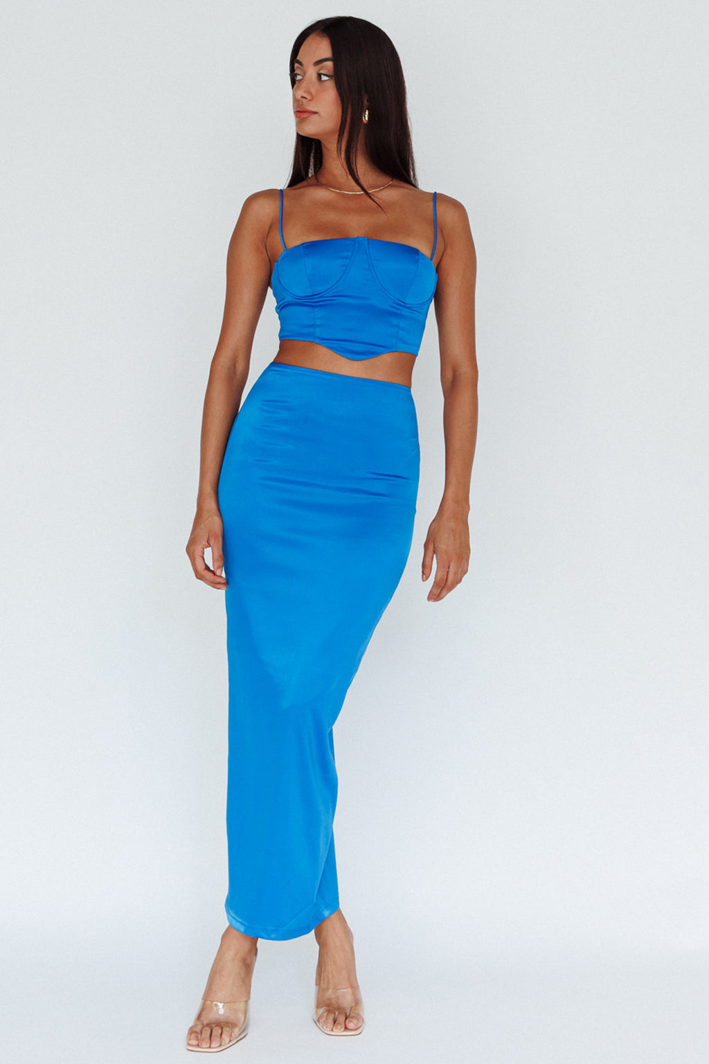 Zeina Satin Midi Skirt Blue by Selfie Leslie