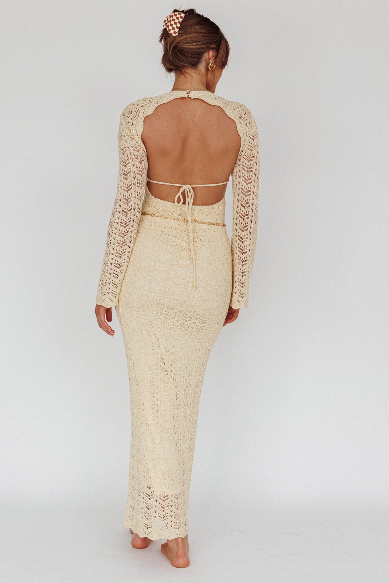 Hyland Open Back Crochet Maxi Dress Oat by Selfie Leslie