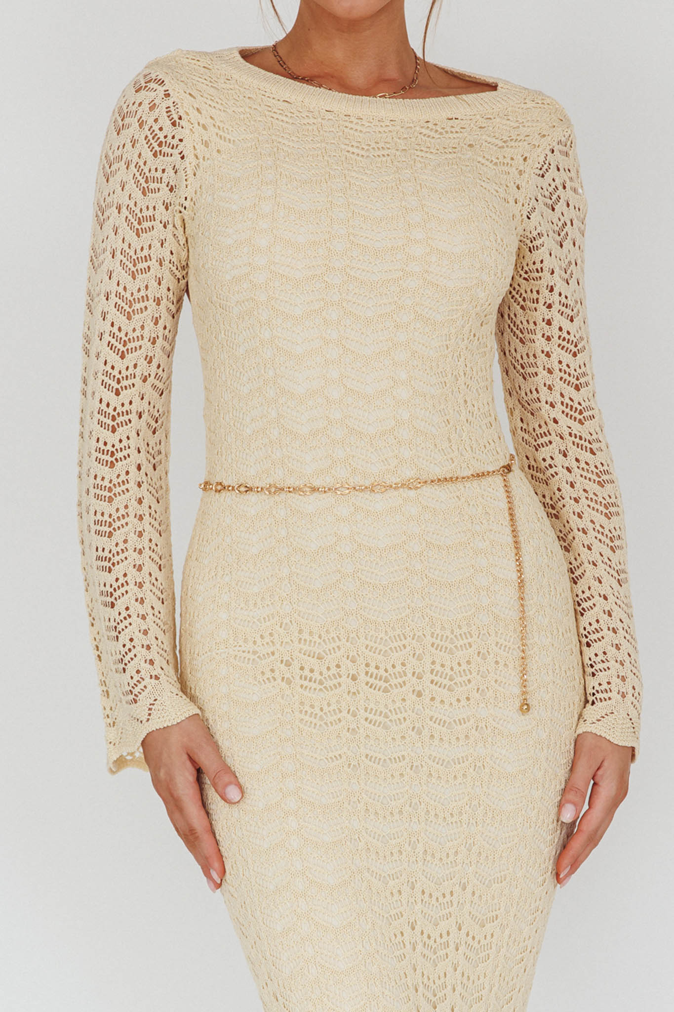 Hyland Open Back Crochet Maxi Dress Oat by Selfie Leslie